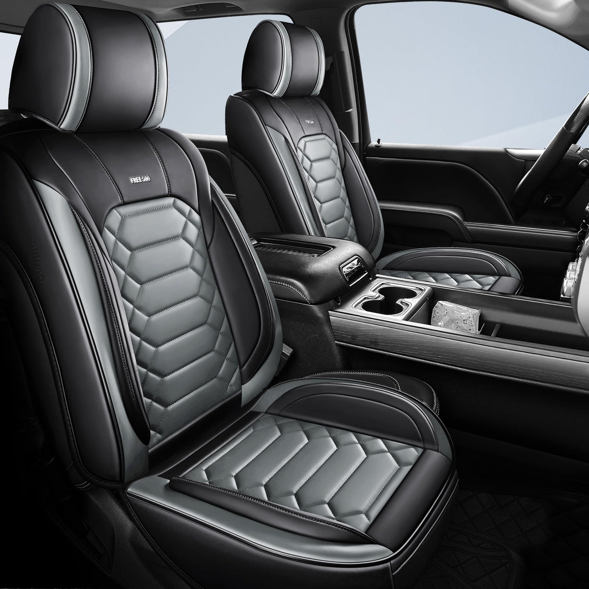 FREESOO 2014-2024 Silverado 2 Front Seat Covers, Fit for Chevy Silverado GMC Sierra 1500 2500 3500 Crew Cab Waterproof Truck Sea