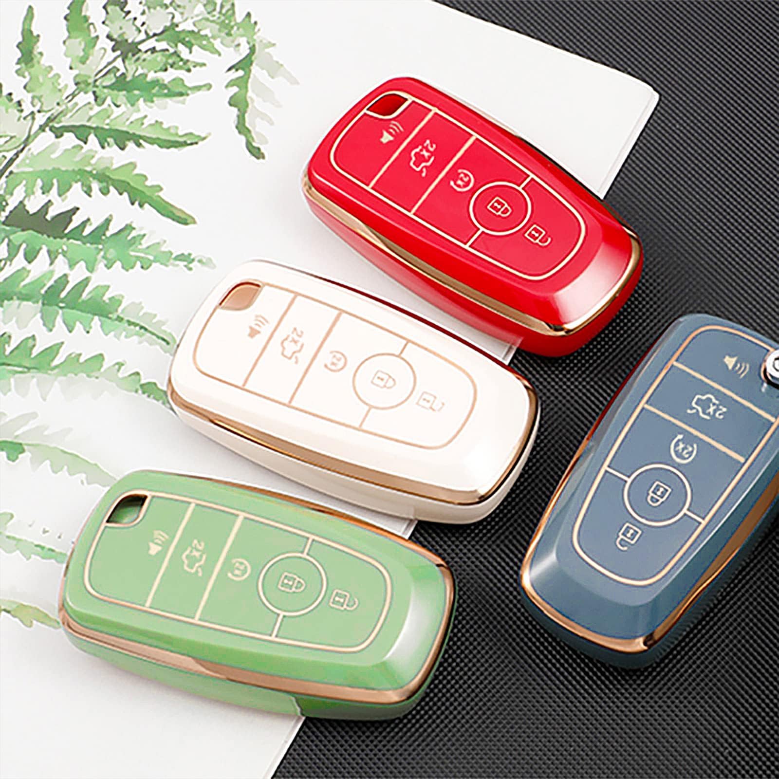 OLLEN Key Fob Cover with Leather Keychain, Fit for Ford Fusion Escape Expedition Explorer Edge Maverick Mustang Ranger F150 F250