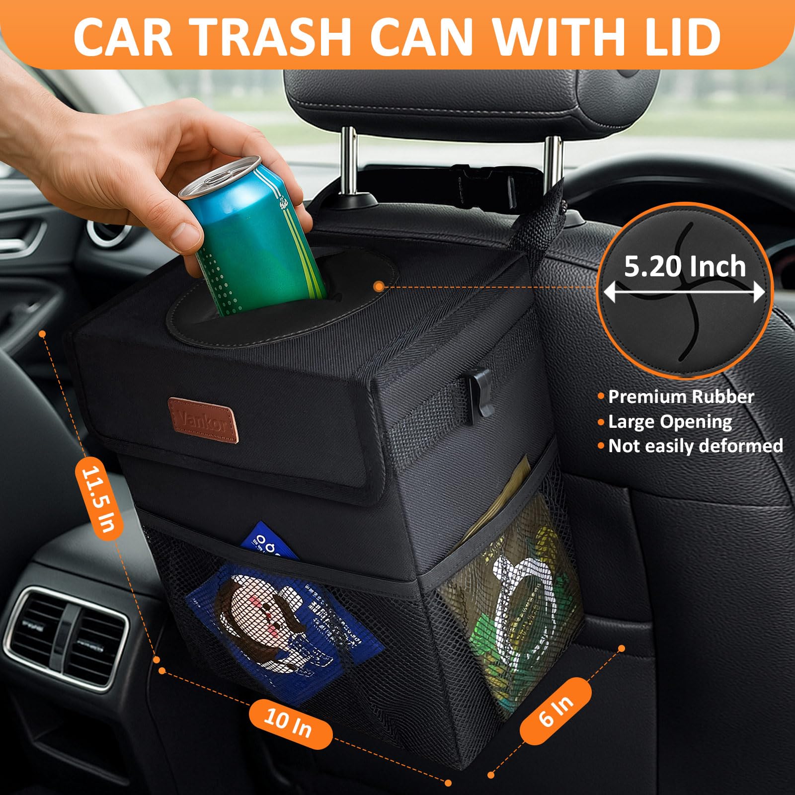 Vankor 3 Gallons Car Trash Can With Lid, Bag Bin Hanging Waterproof Automotive Car Garbage Cans Leak Proof Vehicle Trash Can Bla