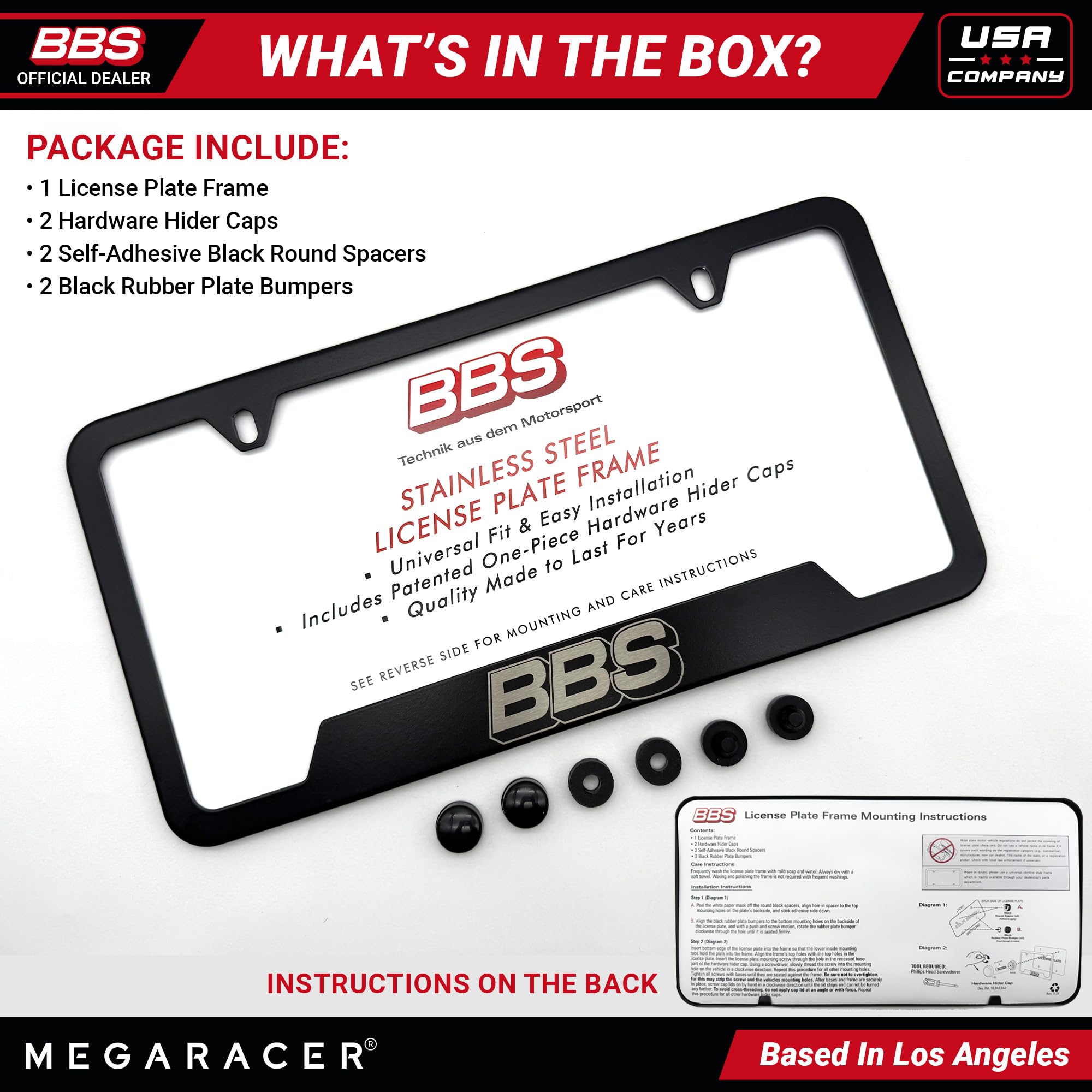 Mega Racer BBS License Plate Frame - Black Stainless Steel, 1Pc, Fits Car, Truck, SUV, Made in USA