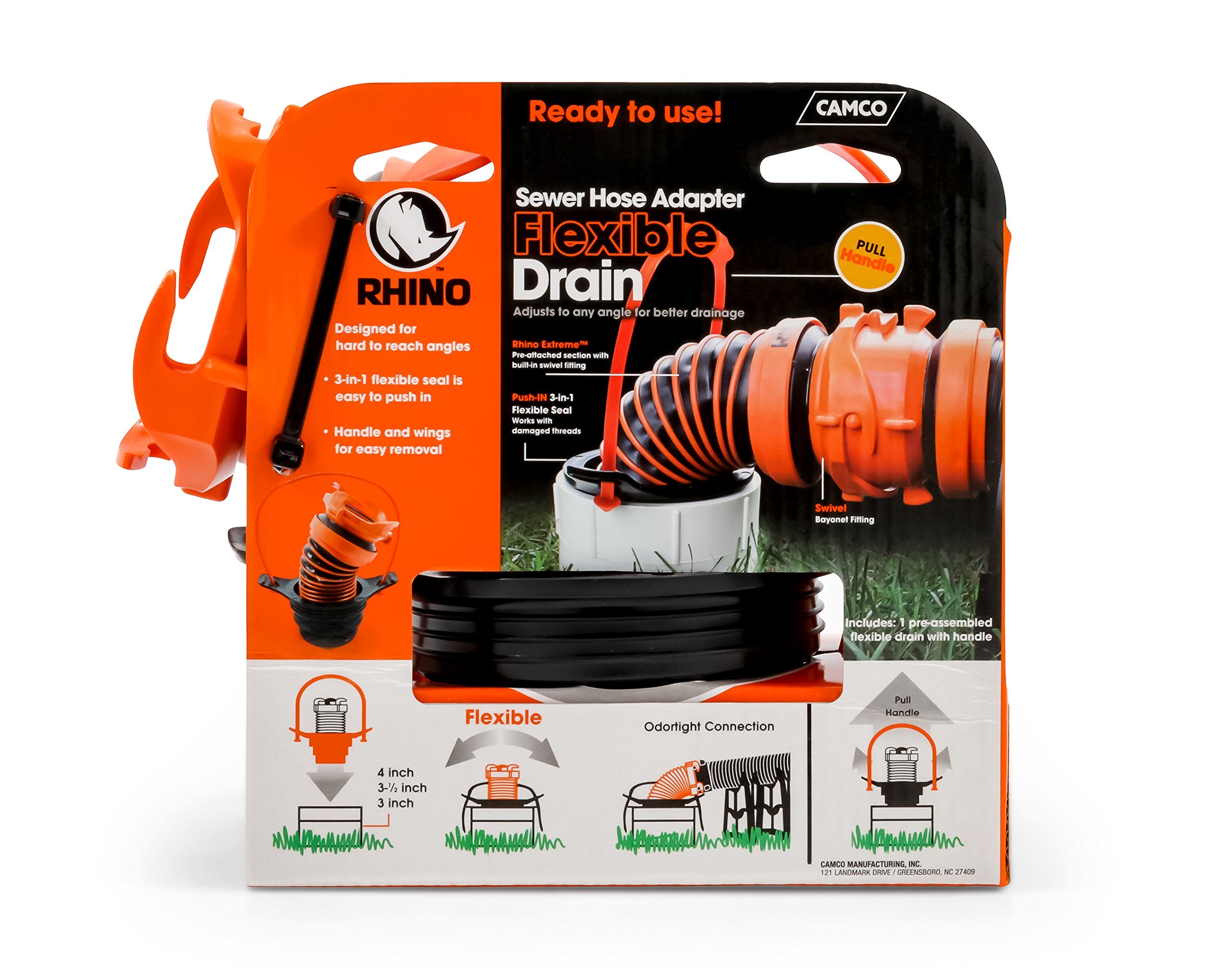 Camco 39319 Flexible 3-In-1 Sewer Hose Seal With Rhinoextreme Hose And Handle- Flexible Fitting Makes Connection To A Sewer Inle