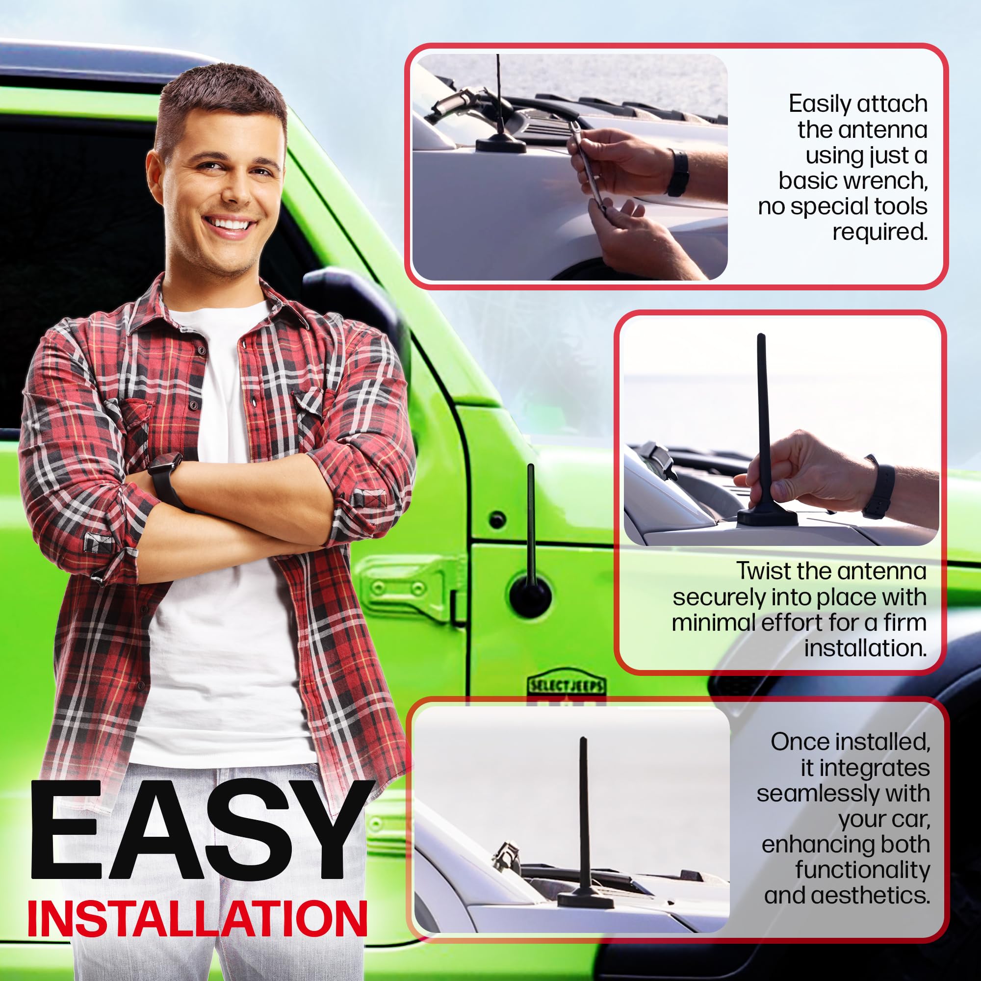 AntennaMastsRus - Short Rubber Antenna fits Jeep Wrangler JK - JL - Gladiator (2007-2024) - USA Stainless Steel Threading - The