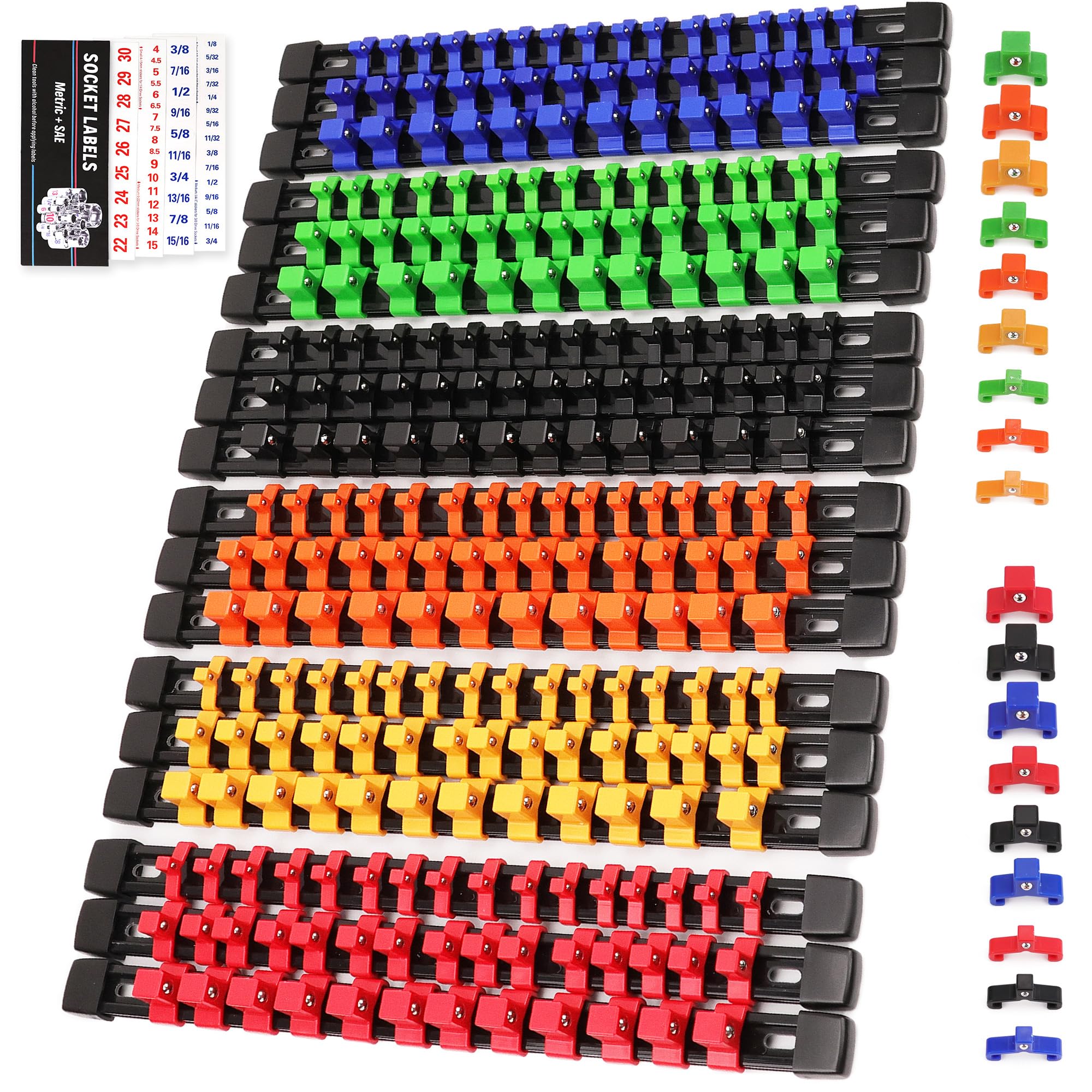 SWANLAKE Socket Organizer Set 18-Piece, 1/4-Inch x 96 Clips, 3/8-Inch x 90 Clips, 1/2-Inch x 72 Clip, Socket Organizer for Tool 