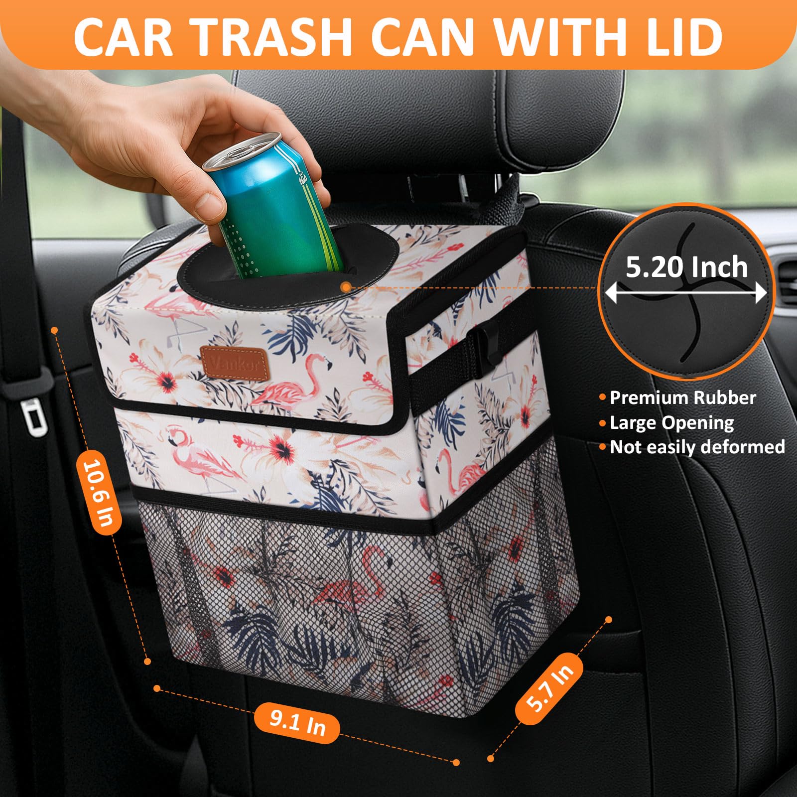 Vankor Cute Car Trash Can, Car Accessories For Women Interior Can Trash Bag Hanging Automotive Garbage Cans Pink Flamingo