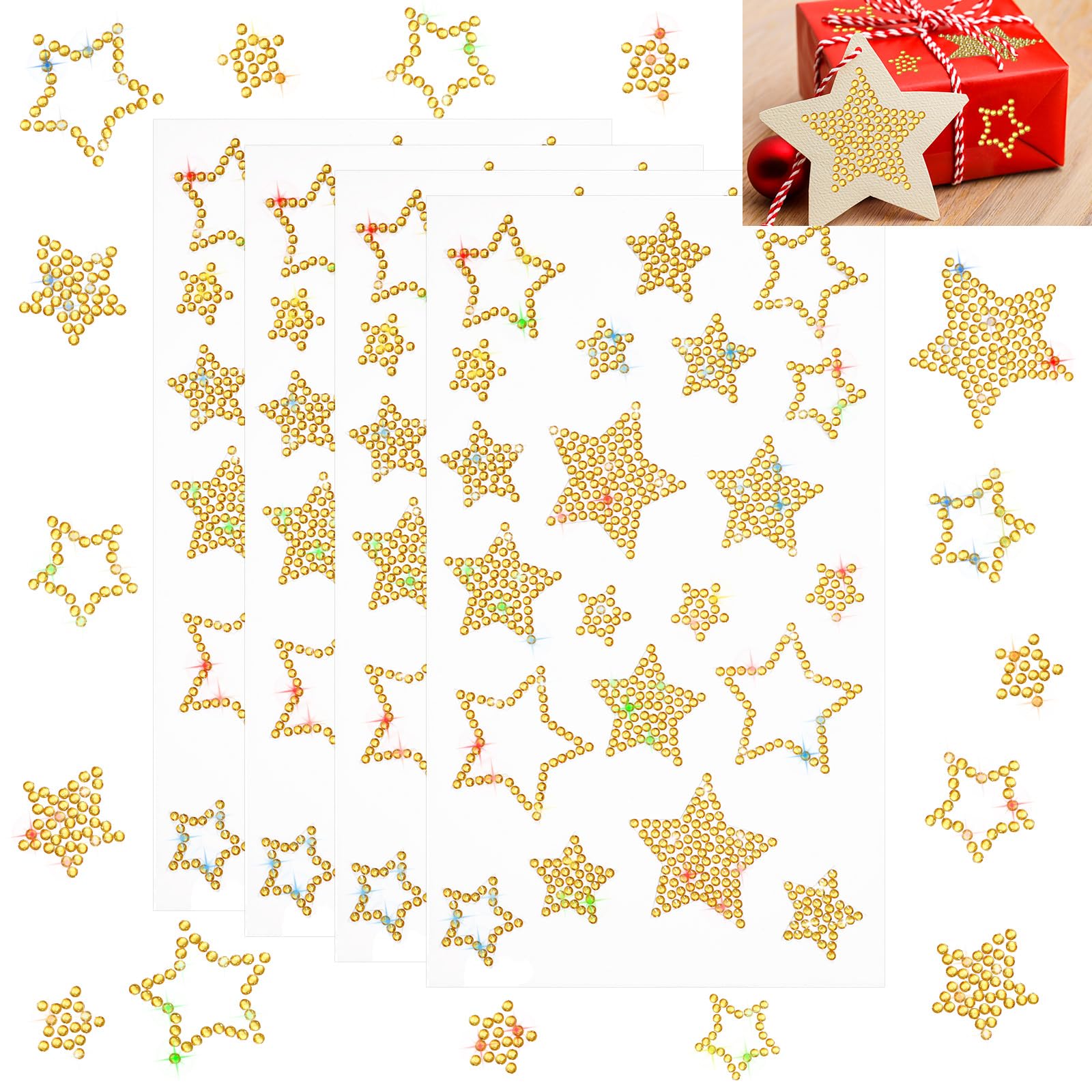 Epakh 84 Pieces Gold Rhinestone Star Stickers, Glitter Bling Self Adhesive Crystal Star Sticker For Winter Package Gift Decor Ho