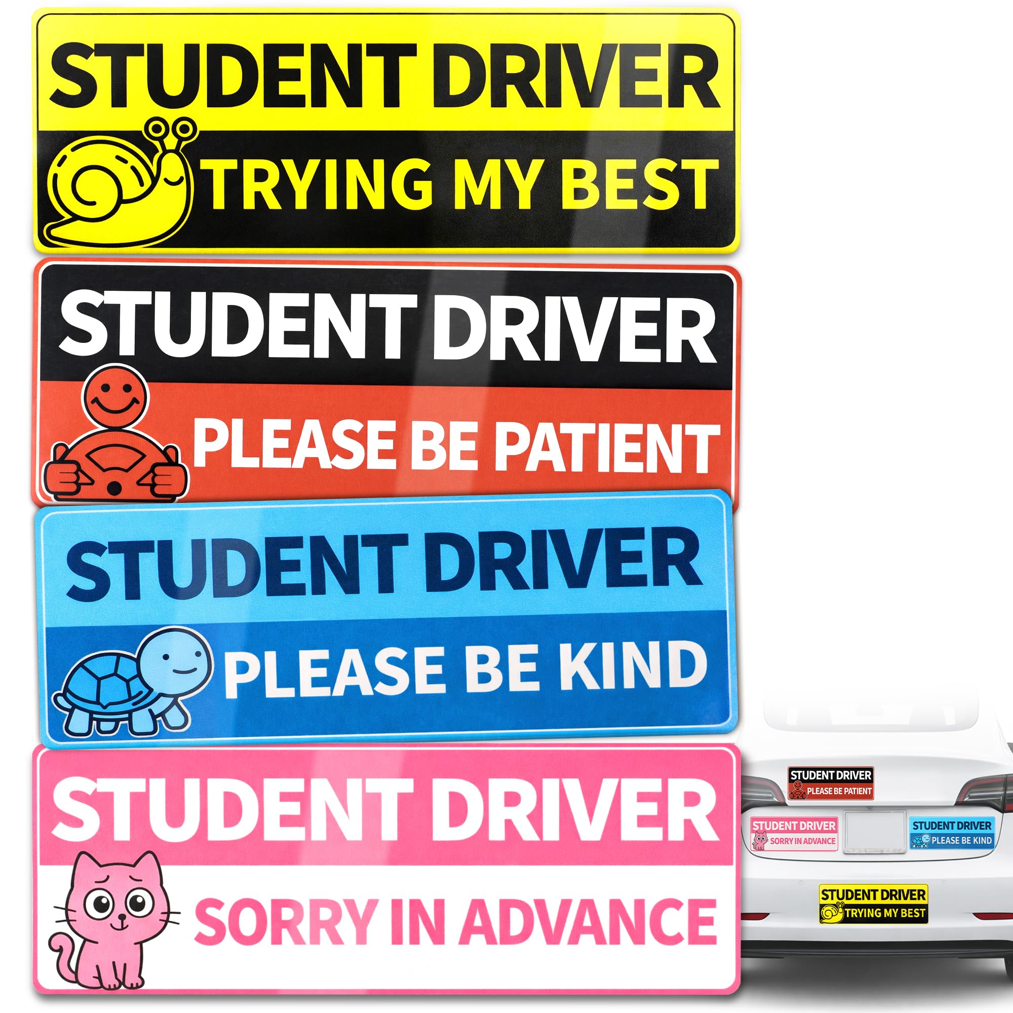 4 Pack Student Driver Magnet for Car, Funny Please Be Patient Sign for Teen & New Drivers, Reflective Magnetic Safety Warning Si