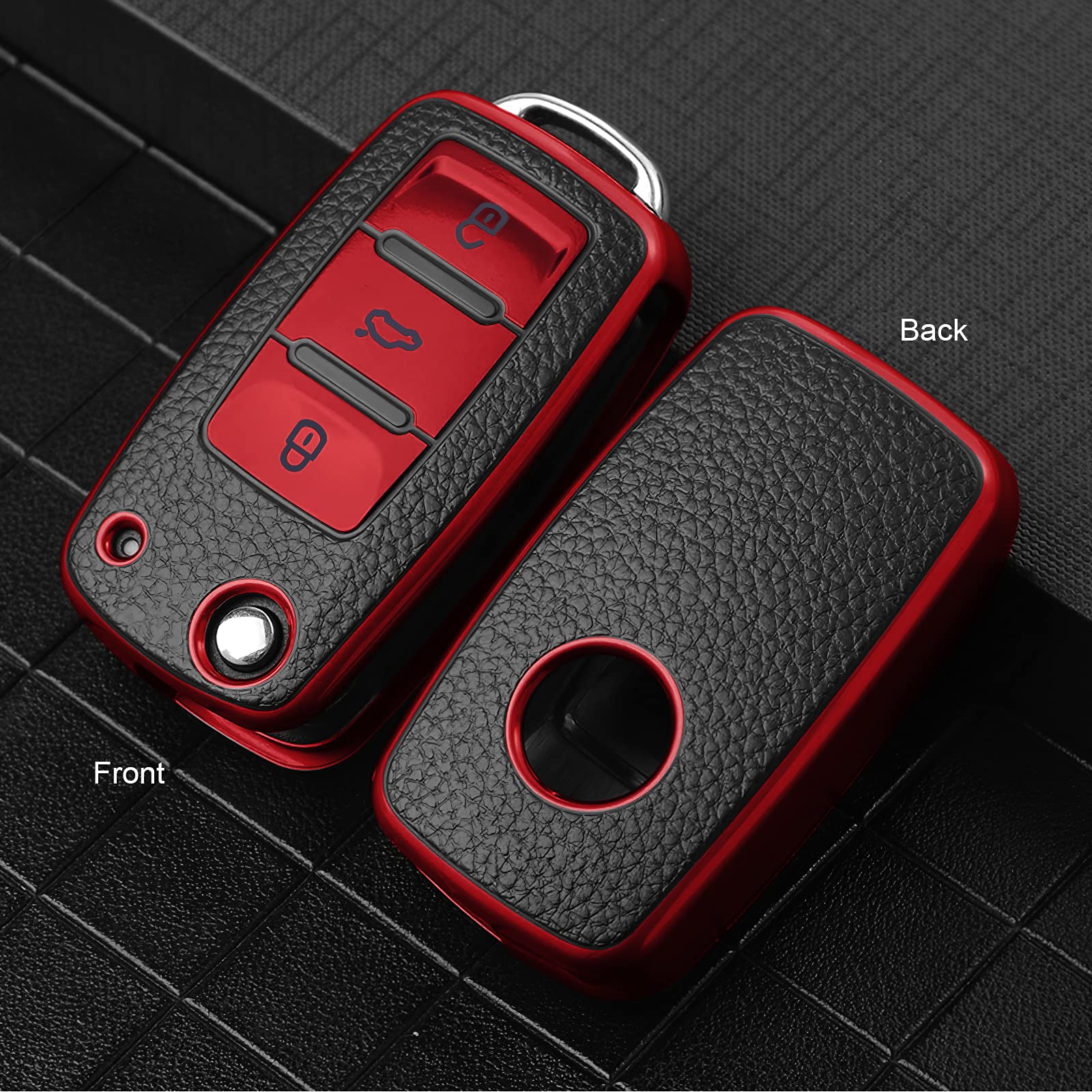 Elohei For Vw Key Fob Cover, Premium Soft Tpu 361 Degree Full Protection For Vw Volkswagen Jetta Beetle Tiguan Passat Golf Mk6 Polo 3 Buttons(Leather Red)