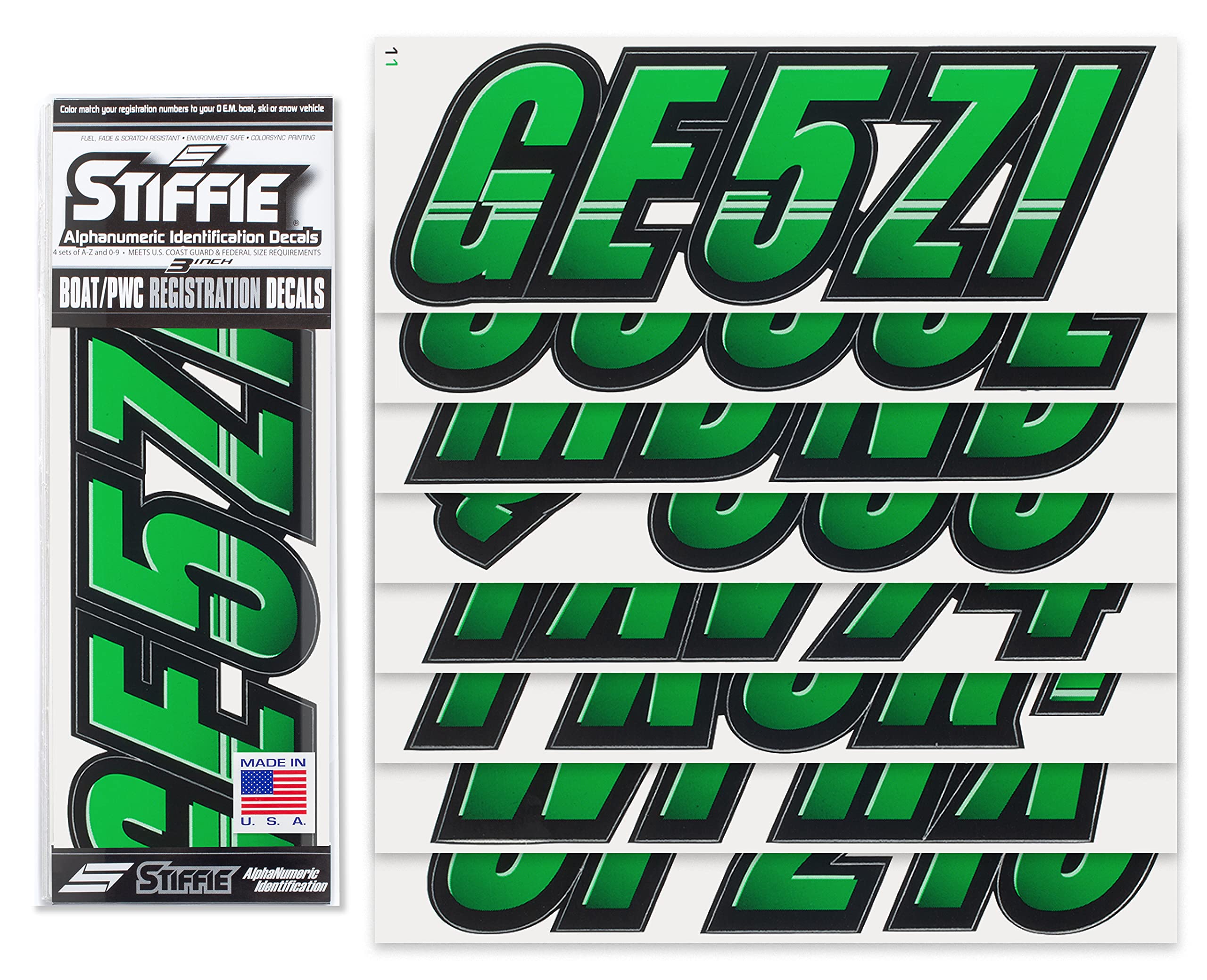 Stiffie Techtron Green/Black 3 '' Boat & Pwc Registration Decals  Numbers Letters Stickers