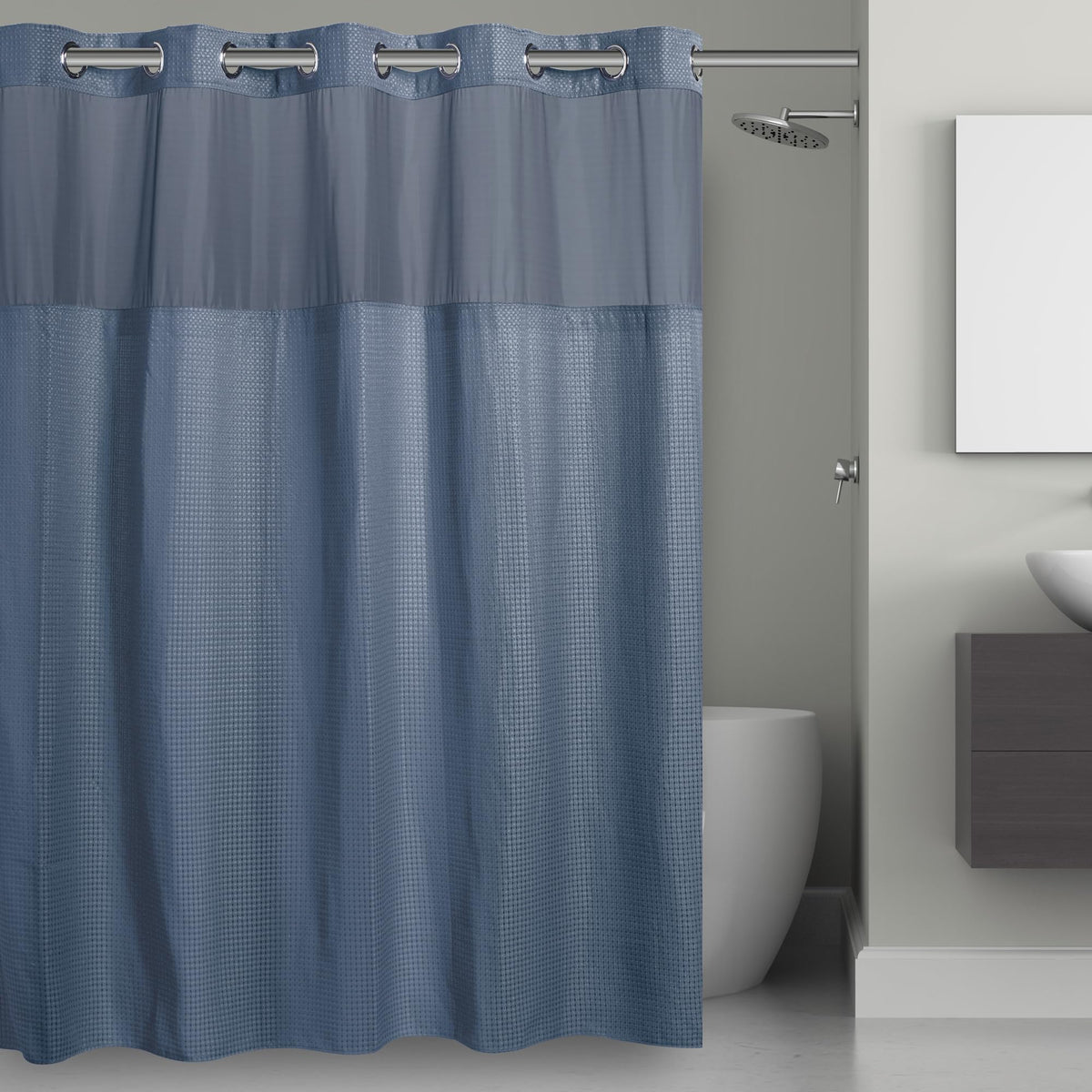 Hookless It’S A Snap! Waffle Shower Curtain, 3-In-1 Shower Curtain Includes Fabric Shower Curtain With Sheer Top Window, Flex-On Rings & Fabric Liner, 71” X 74”, Moonlight Blue