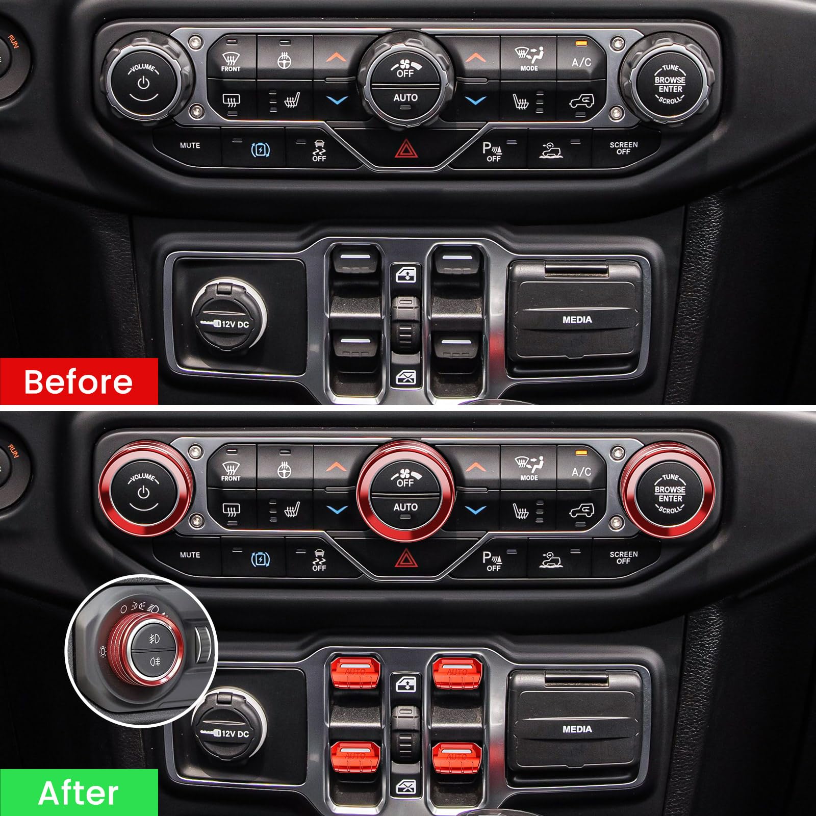 DIAMOOKY 8PCS Red Metal Button Knob Covers for Jeep Wrangler JL JLU 2018-2025 & Gladiator JT - Window Switch & Radio Knob Accessories