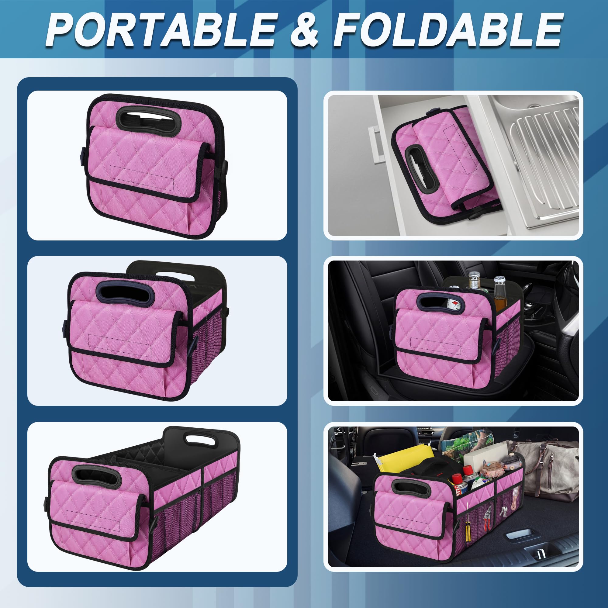 Deosk Car Trunk Organizer For Suv - 50L Waterproof Polyester Storage With 6 Big Pockets, Accessories For Women/Men (Medium, Pink