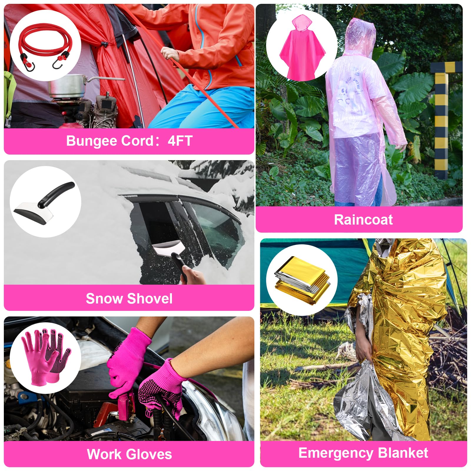 Vioview Roadside Emergency Car Safety Kit, With 4-In-1 Inflatable Car Vacuum Cleaner, Pink Jumper Cables, First Aid Kit, Tow Rop