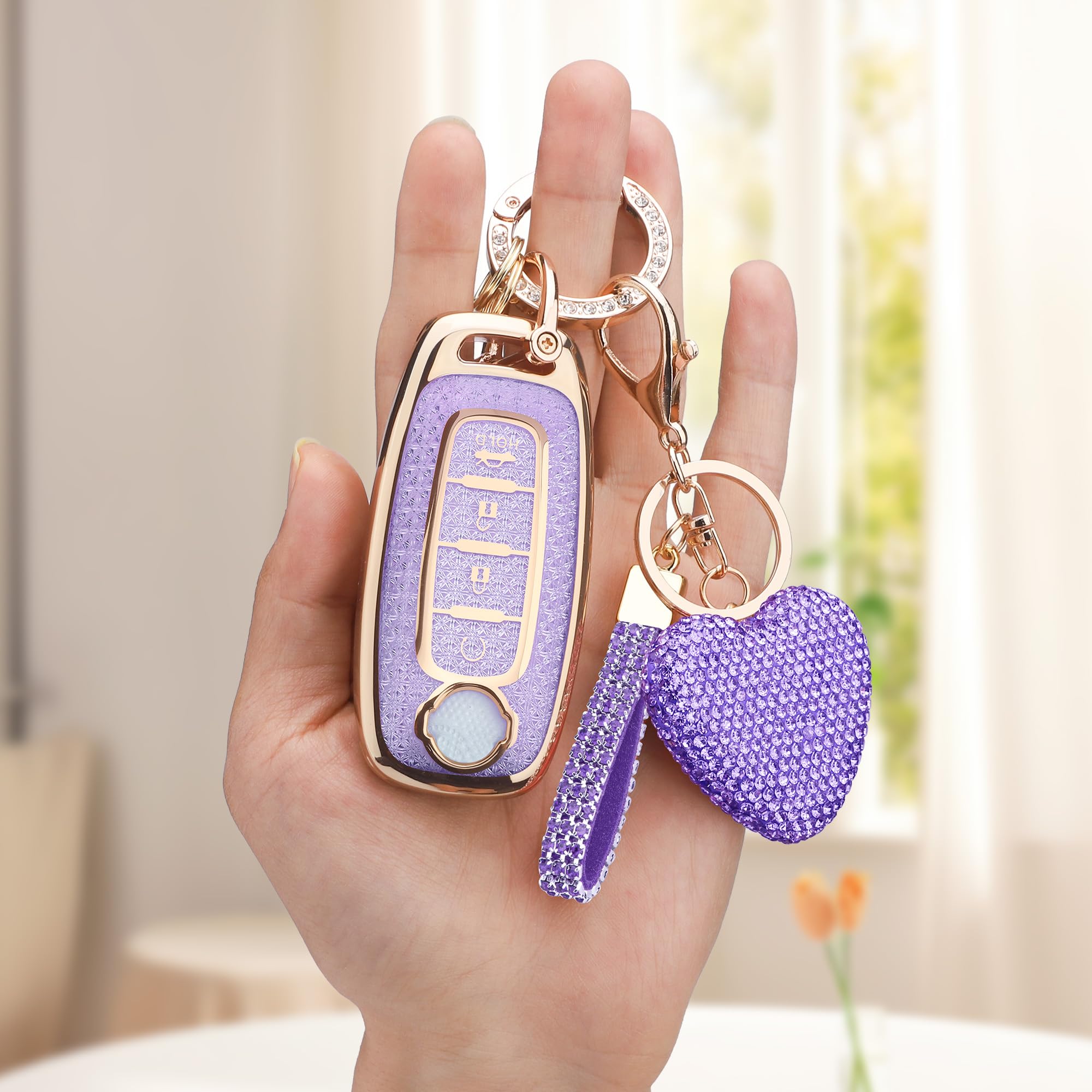 Vicoca for Nissan 4 Buttons Key fob Cover with Diamond Heart Keychain, Car Accessories TPU for Rogue SL Ariya FWD Pathfinder X-T