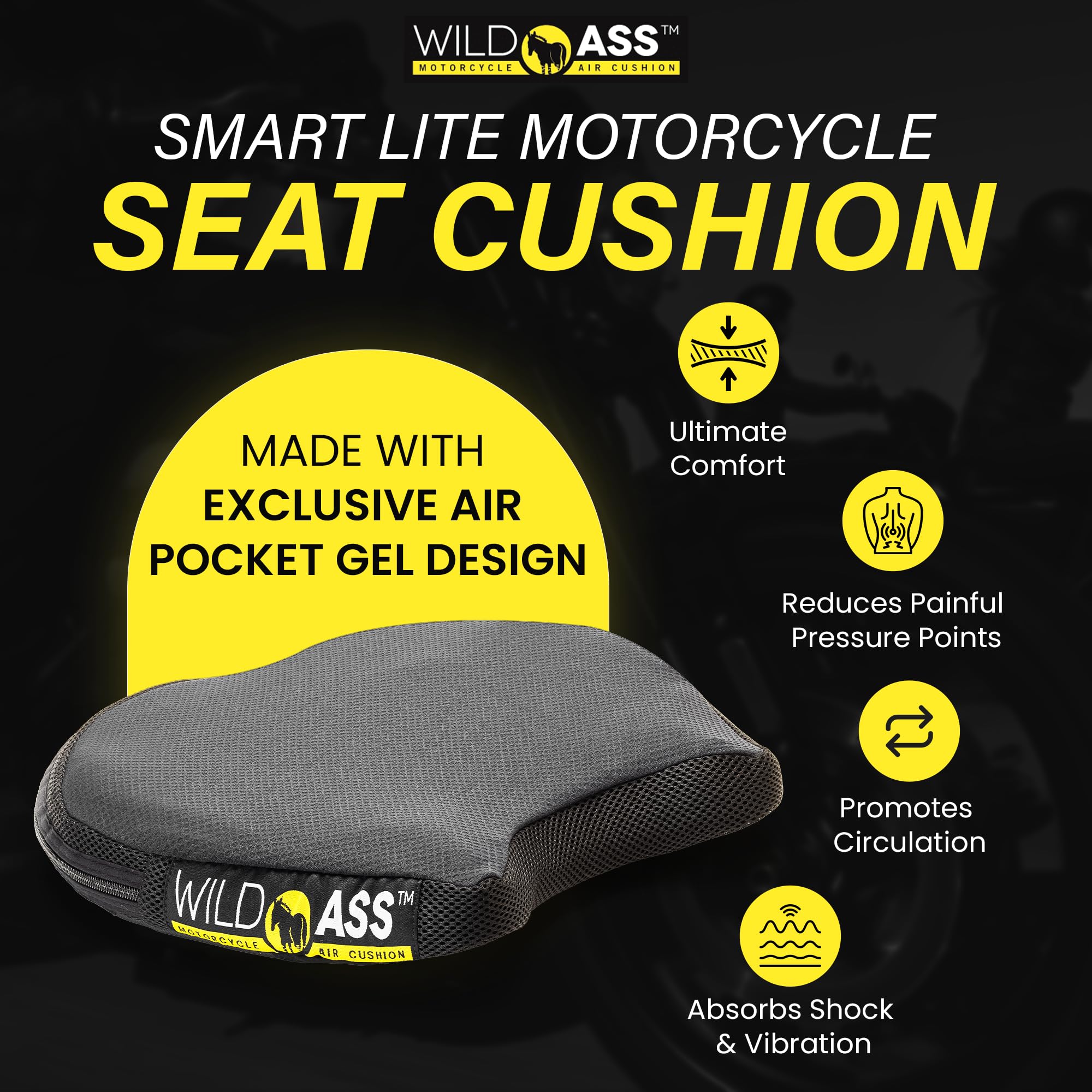 Wild Ass Motorcycle Air Gel Smart-Lite Pad - Ergonomic Universal Fitting Air Adjusting Cushion with Straps - Ultimate Rider Comf