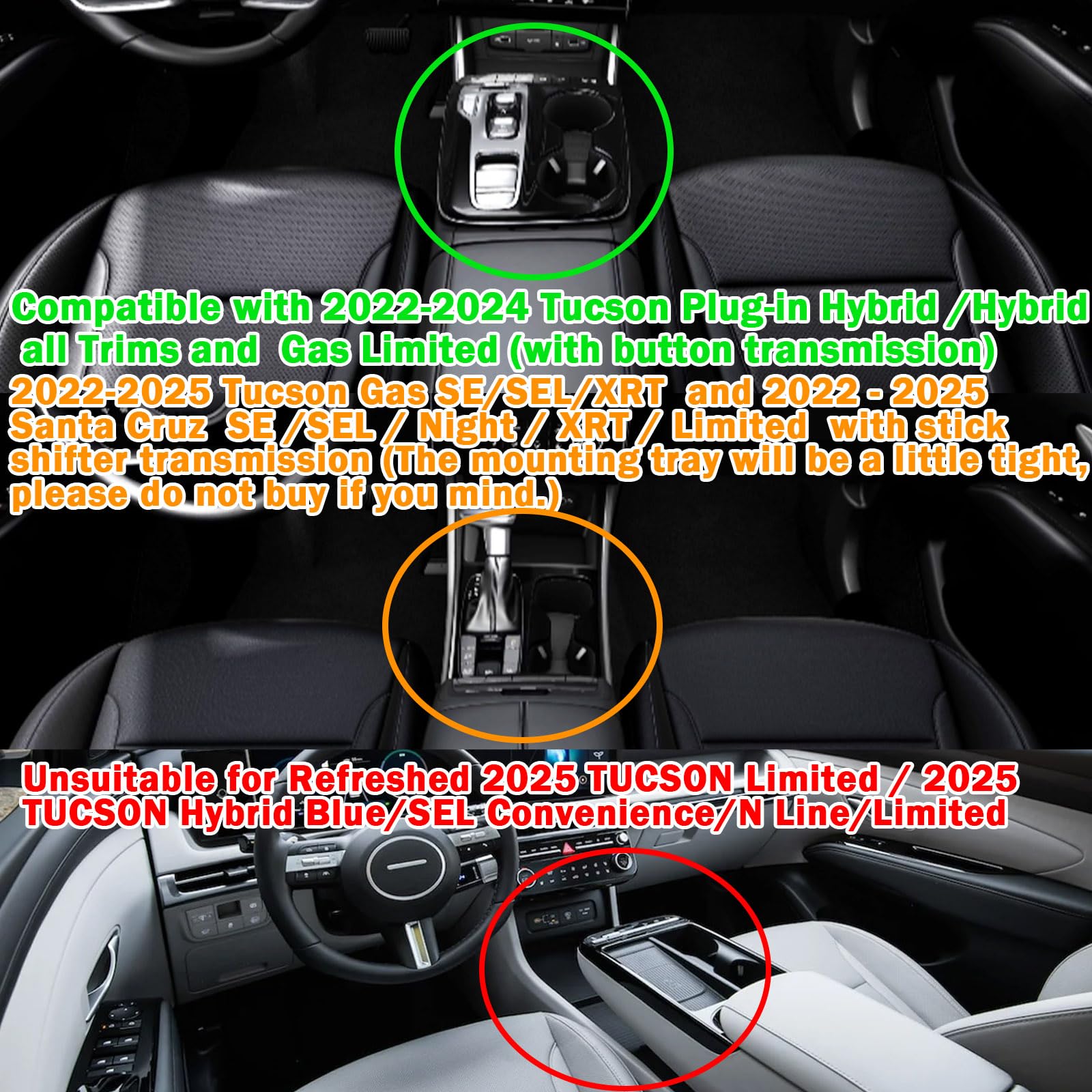 Tacorbo Center Console Organizer Compatible With Hyundai 2022-2024 Tucson Plug-In Hybrid/Hybrid All Trims And Tucson Gas Limited And Santa Cruz 2022-2025 Accessories, Armrest Insert Tray, White