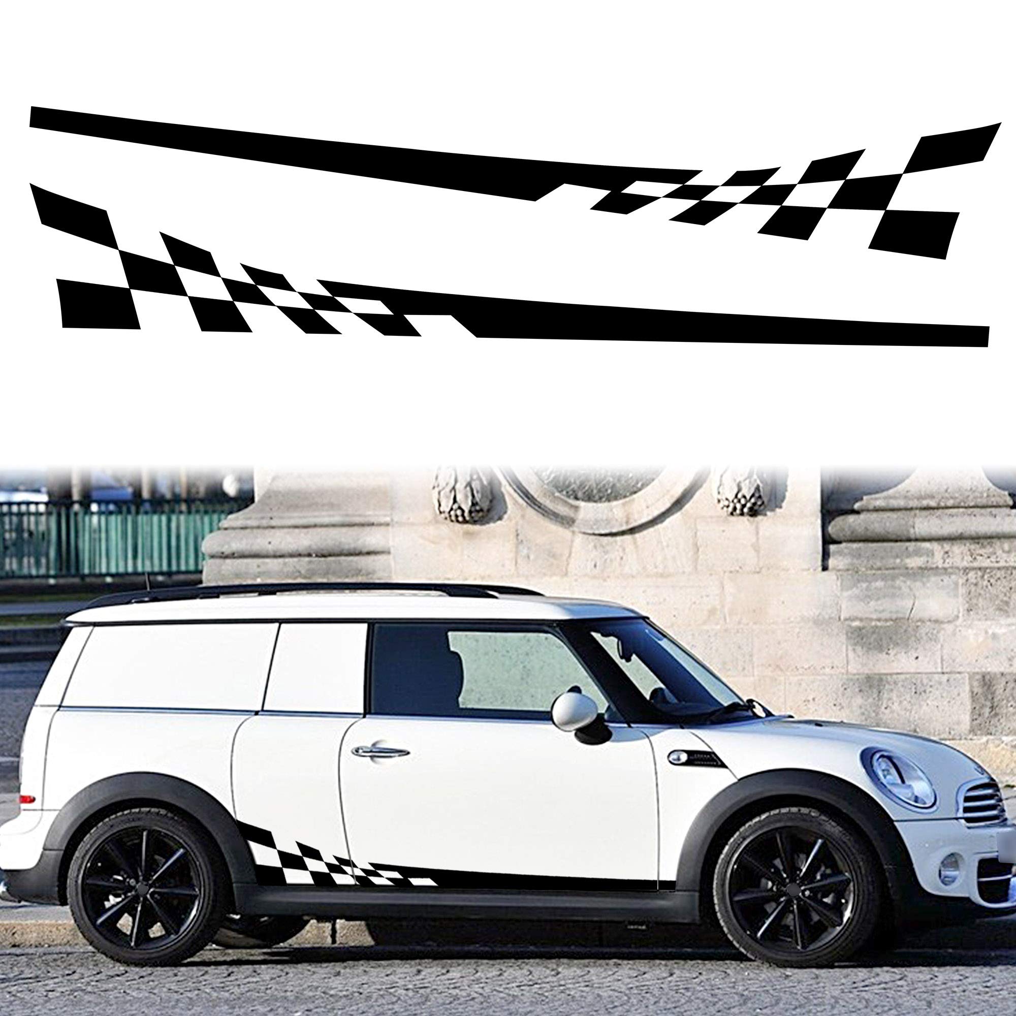 Tomall 1 Pair 77.2'' Racing Checkered Flag Side Stripe Decals Compatible With Mini Cooper Lattice Grid Stripe Graphic Waterproof