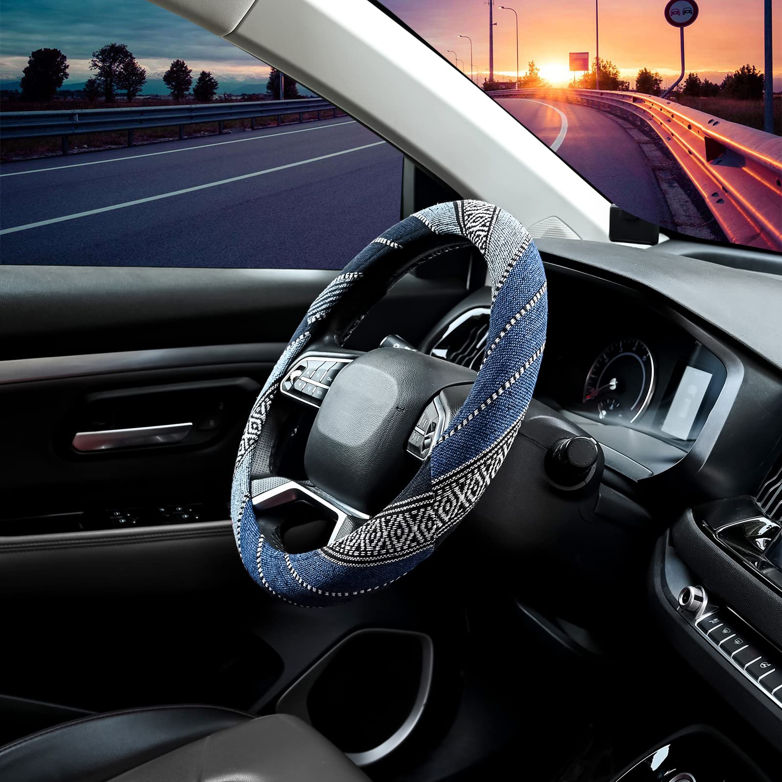 Valleycomfy Cloth Steering Wheel Covers For Women Bohemian Universal 15 Inch Baja Blanket Enthic Blue