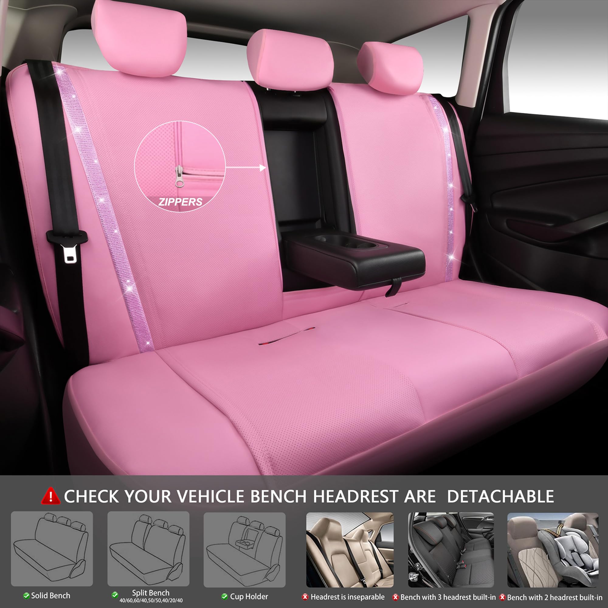 Car Pass Bling Car Seat Covers Full Set, Shining Rhinestone Diamond Waterproof Faux Leather, Rear With Zipper, Universal Fit Automotive Glitter Crystal Sparkle Strips For Cute Women Girl, Pink