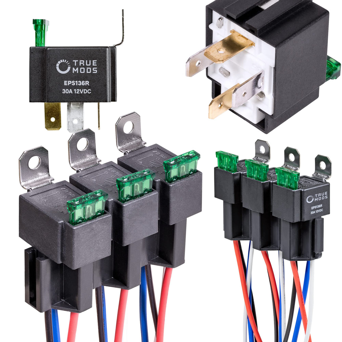 TRUE MODS 6 Pack 4-Pin 12V Bosch Style Fused Relay Switch Kit [Interlocking Harness Socket Holder] [14 AWG Hot Wires] [SPST] [30