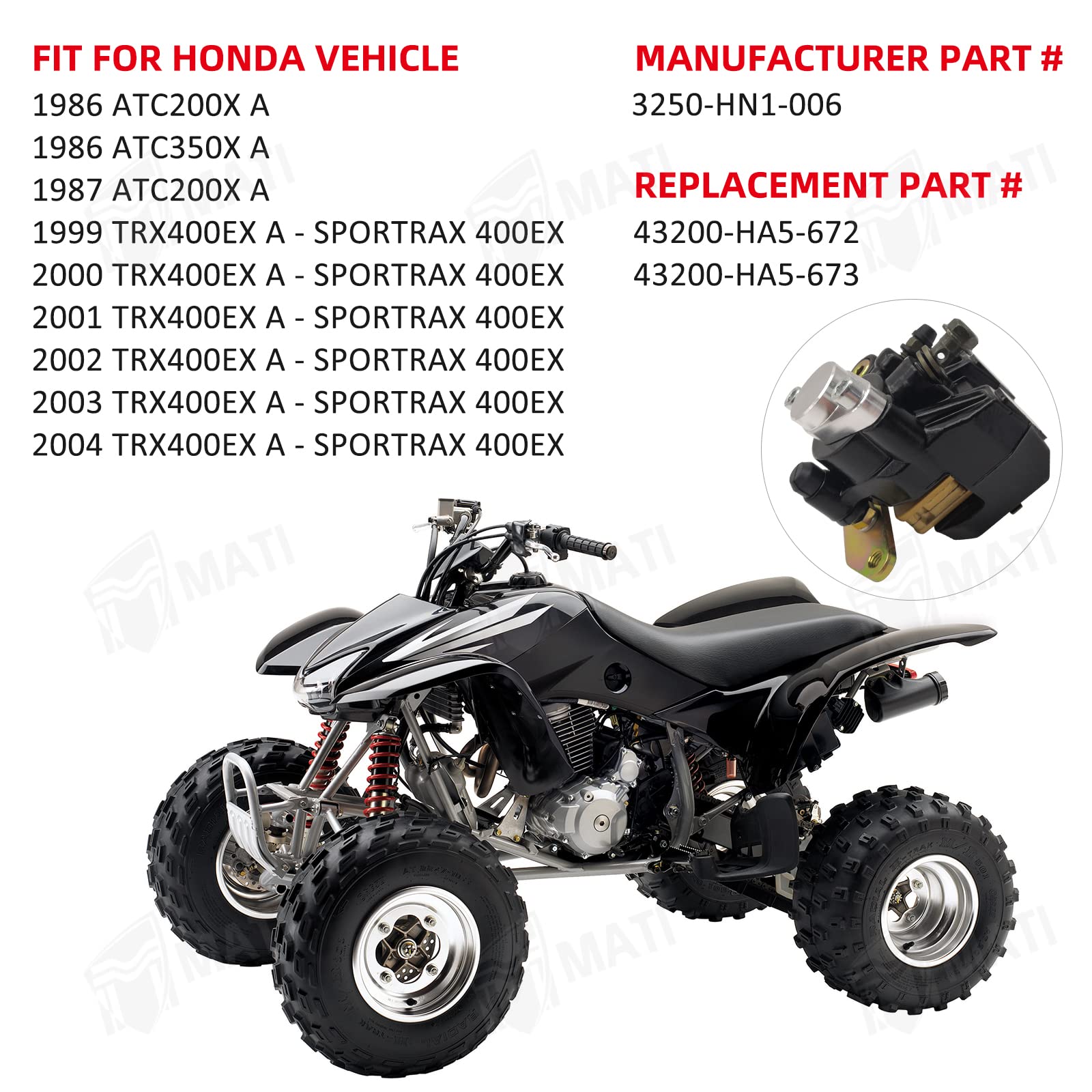 M Mati Rear Brake Caliper For Honda 400Ex Trx400Ex Sportrax 1999-2004 Atc200X Atc350X 1986-1987 With Parking Brake Off 43250-Hn1-006&06435-Ha5-671