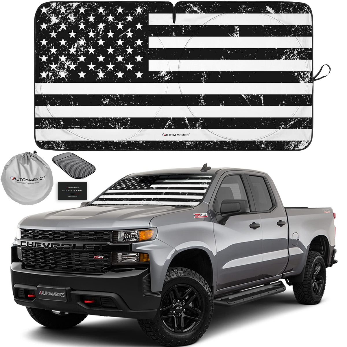 Autoamerics 1-Piece Windshield Sun Shade Grunge B&W American Flag Usa Design - Foldable Car Front Window Sunshade For Most Sedan