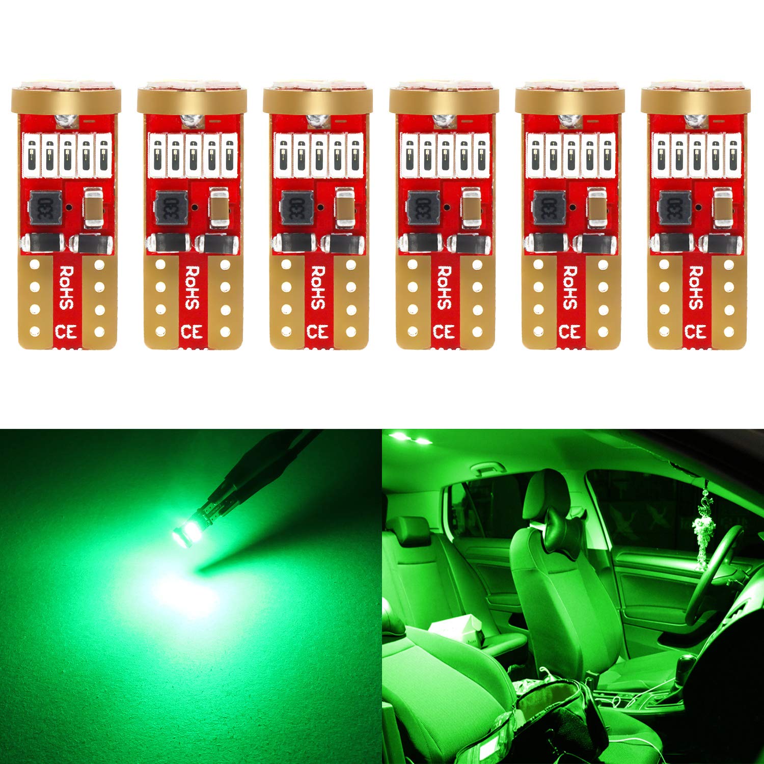 Phinlion 194 Green Led Bulb Super Bright 168 175 2821 T10 15-Smd 4014 Chipsets Wedge Led Replacement Bulbs For Dome Map Reading