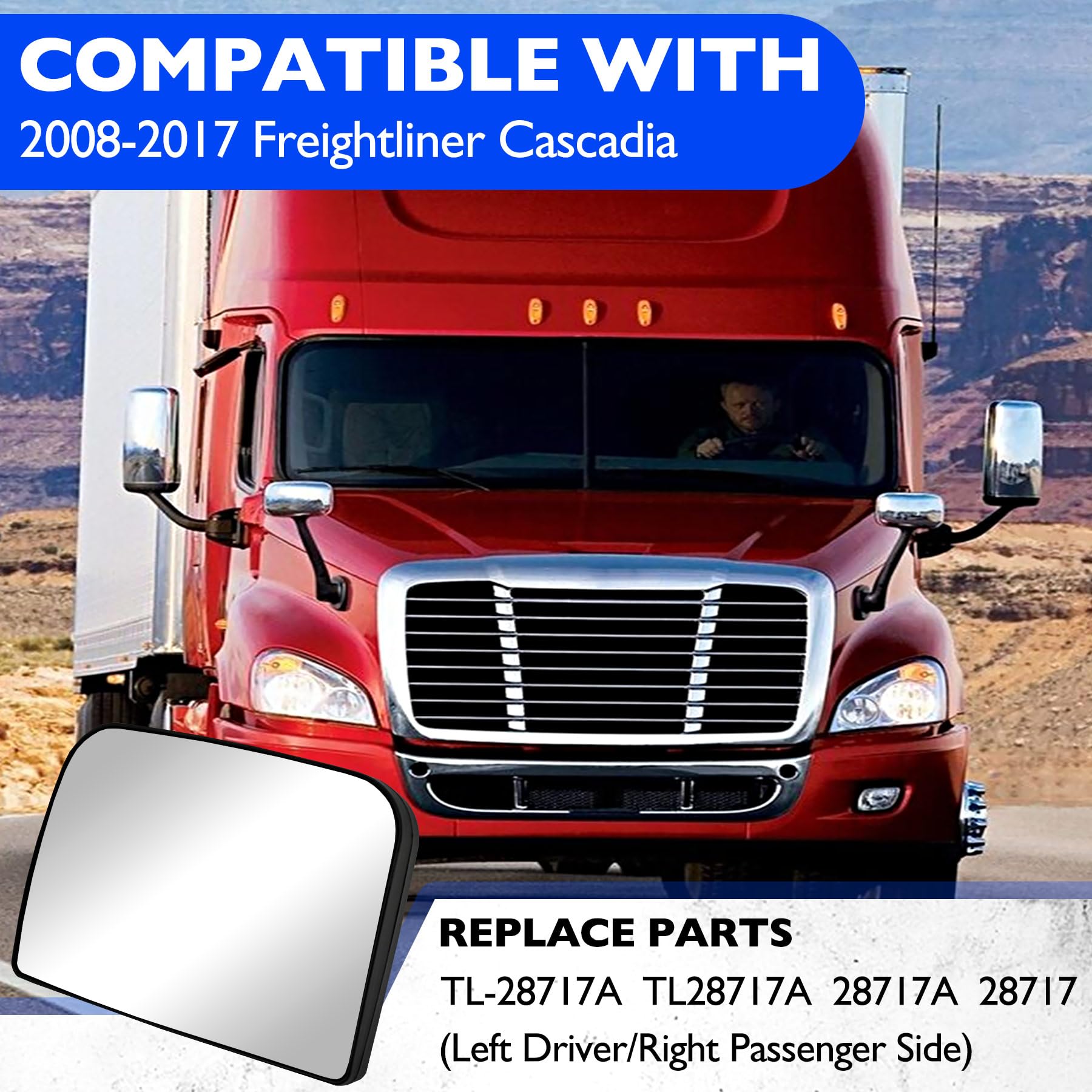 Heated Lower Convex Mirror Glass Compatible with 2008-2017 Freightliner Cascadia Mirror TL-28717A TL28717A Wide Clear High Refle