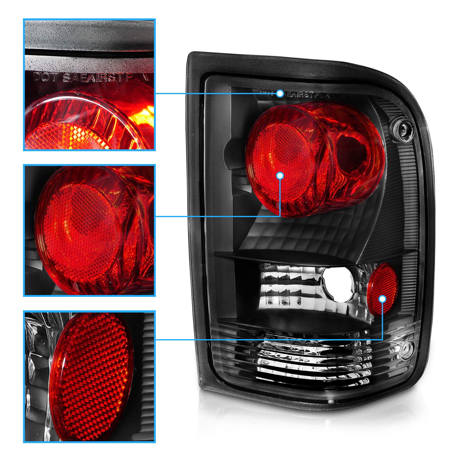 Amerilite For 1993-1997 Ford Ranger Black Jdm Replacement Brake Tail Lights Assembly Set - Passenger And Driver Side