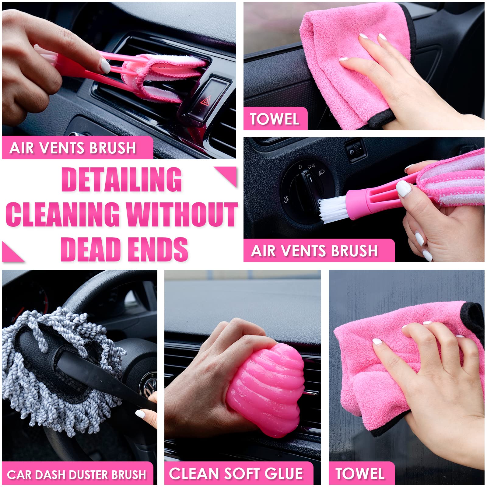 Viewsun 17Pcs Car Cleaning Kit, Pink Car Interior Detailing Kit With High Power Handheld Vacuum, Detailing Brush Set, Windshield Cleaner, Cleaning Gel, Complete Auto Accessories For Women Gift