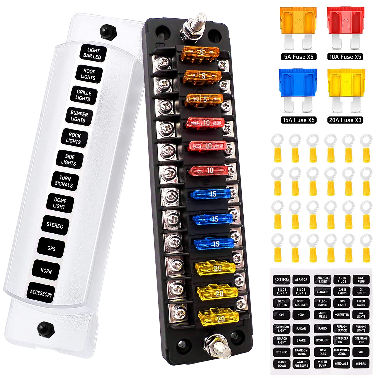 Pseqt 12 Way Blade Fuse Block With Negative Bus Atc/Ato Waterproof Marine Automotive Fuse Box Standard Circuit Holder Panel For