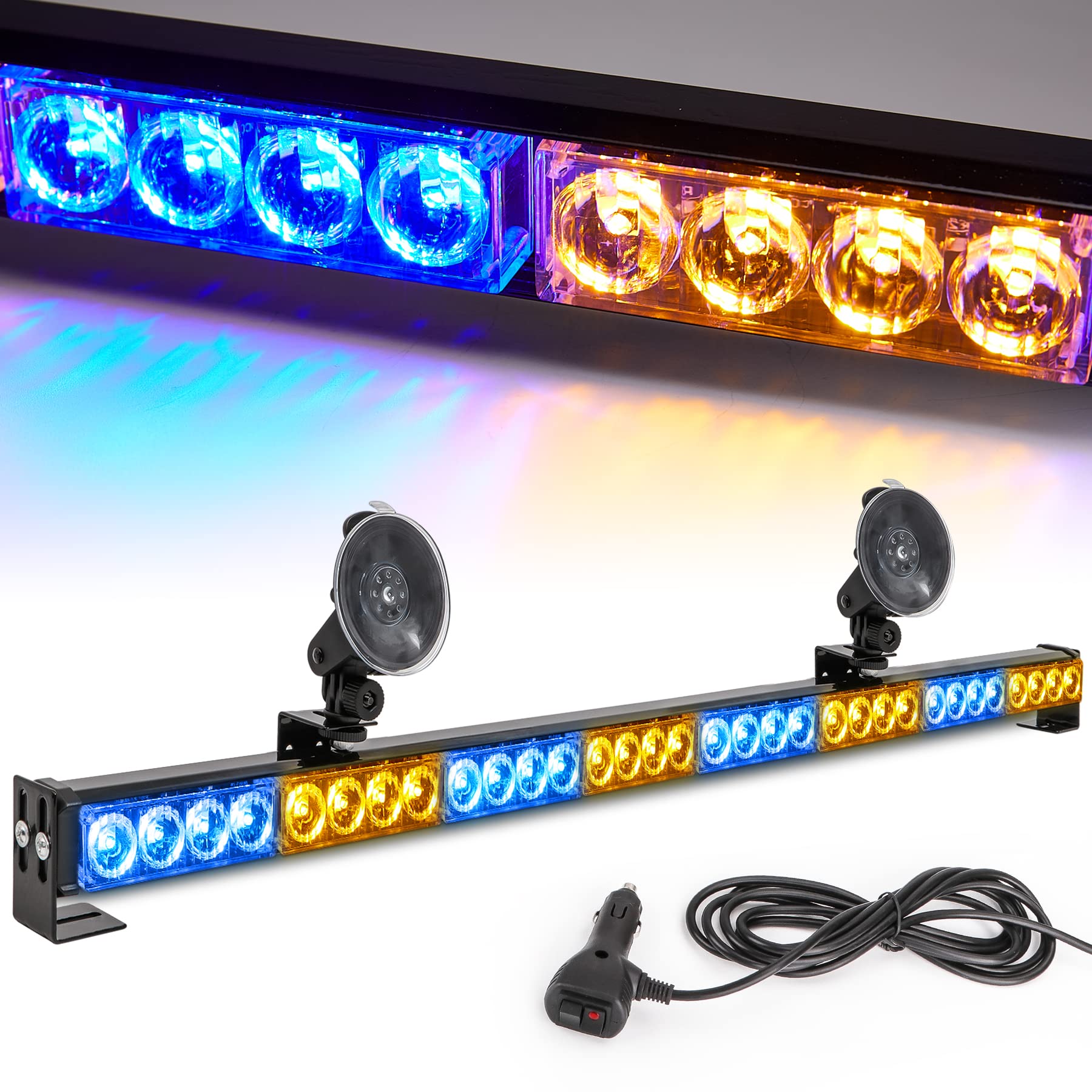 Amber/Blue Emergency Strobe Light Bar 36 In 13 Flash Patterns Traffic Advisor Warning Hazard Windshield Safety Lights Bar With C