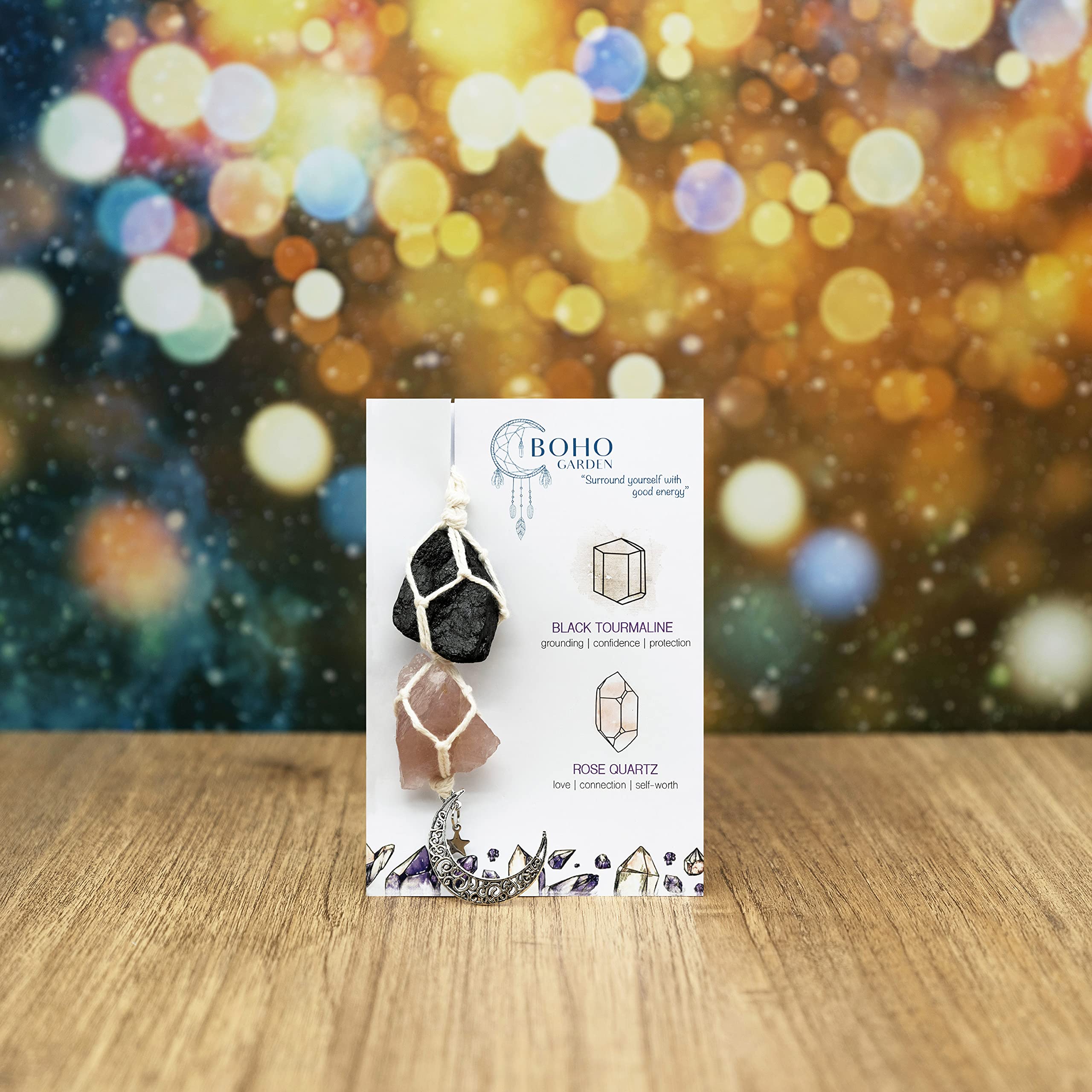 Boho Garden Hanging Car Charm - Black Tourmaline & Rose Quartz - Dangling Moon, Healing Crystal Accessories, Rearview Mirror Decorations - Grounding, Confidence, Protection, Love, Self-Worth, Energy