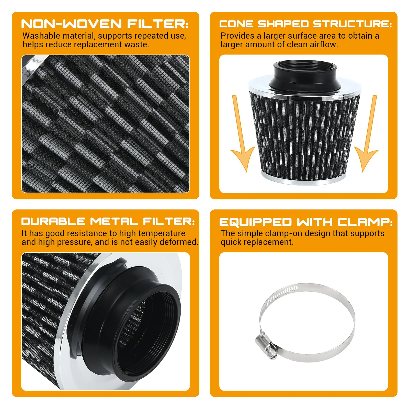 Ptnhz Universal Carbon Fiber 3'' 76Mm High Flow Cold Air Intake Cone Air Filter Power Intake Air Inlet System Air Cleaner