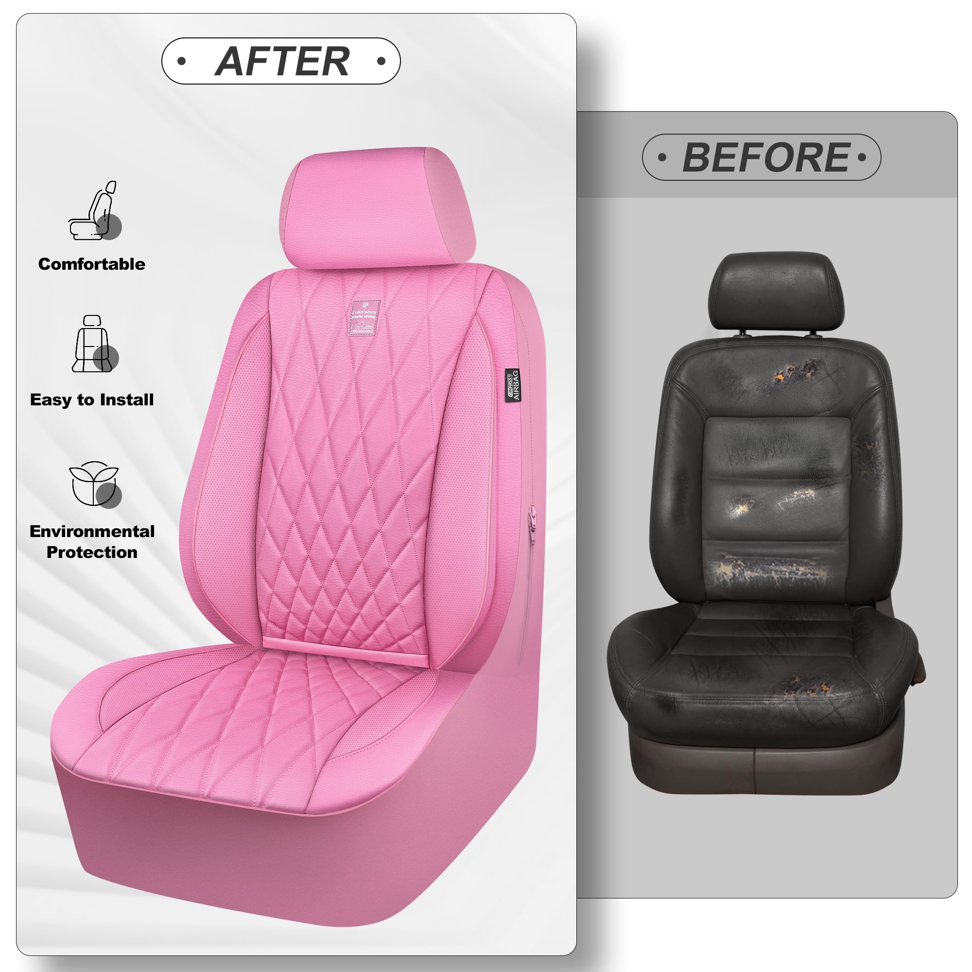 Car Pass Piping Luxury Leather Two Front Car Seat Covers, Cute Girly Waterproof Anti Slip Seat Covers Compatible With Front Seat