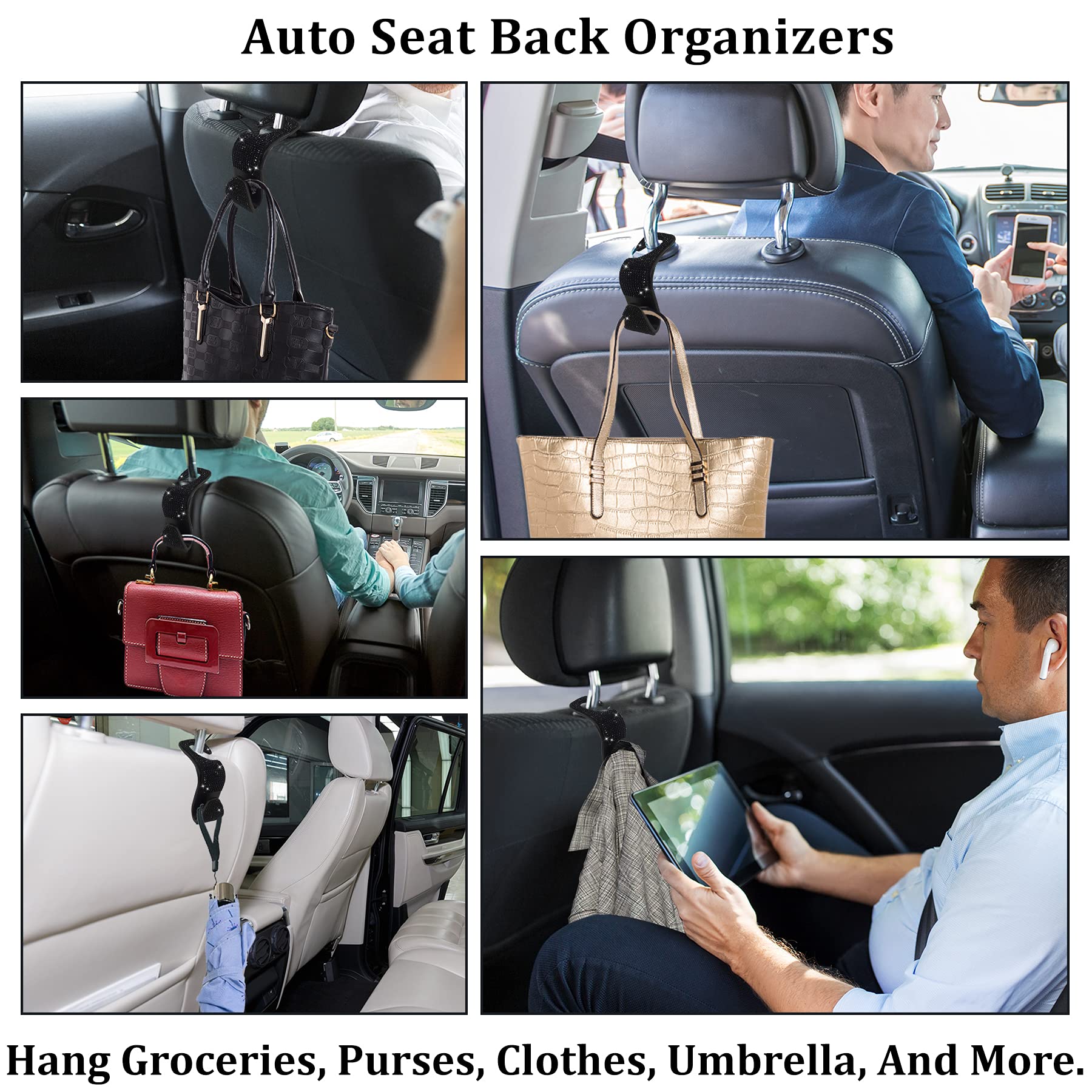 Dermasy 2 Pack Car Hooks, 2021 New Bling Rhinestones Crystal Hooks Car Decorations Auto Seat Back Organizers Strong And Durable