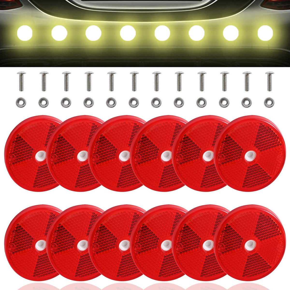Abnaok 12 Pack Front Reflector Round Reflector For Driveway Fence Gate Posts Trailers Safety Reflectors Automobiles Boats Mailboxes Reflector With Center Mounting Hole