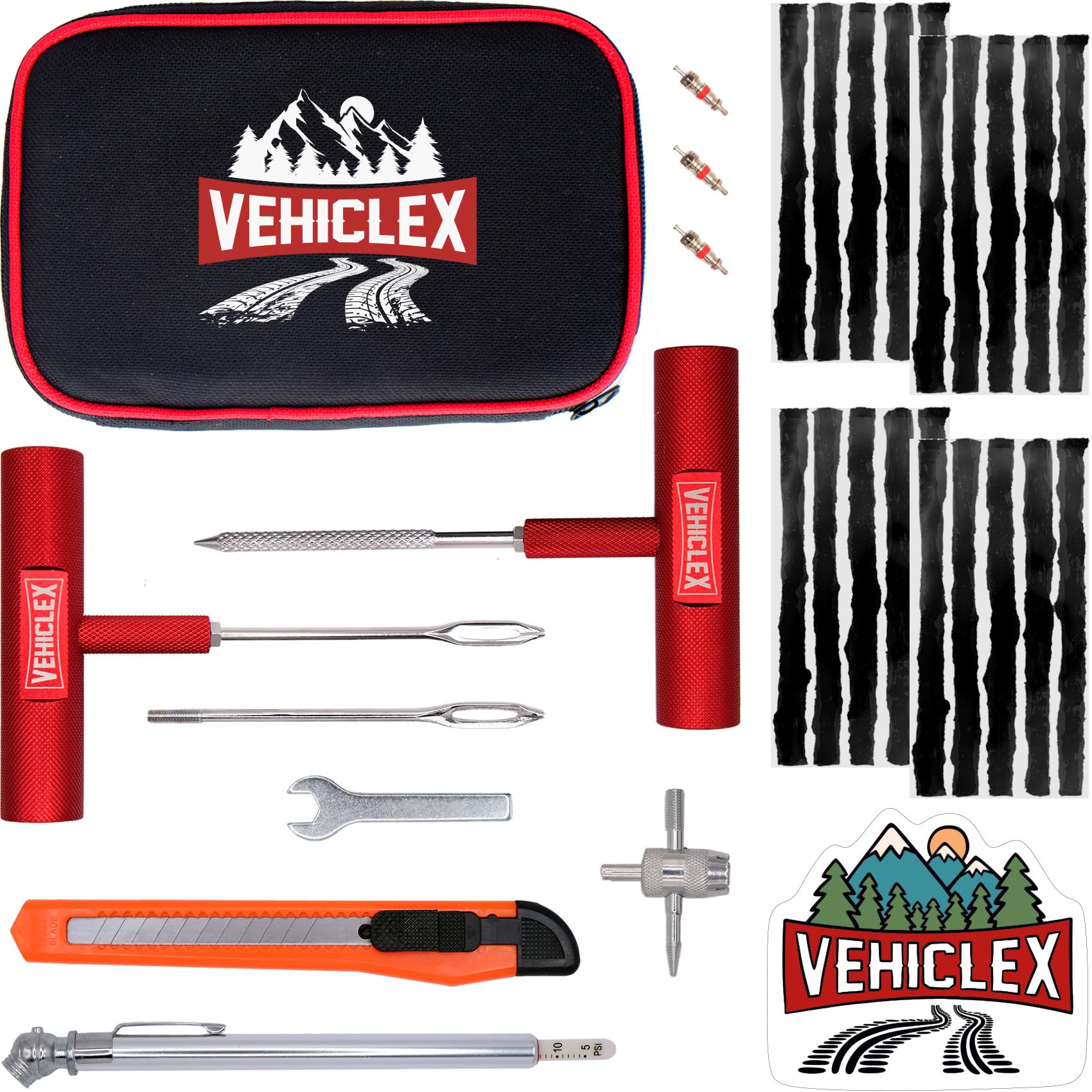 Vehiclex Tire Repair Kit For Plug And Patch With Aluminum Handled Tools - Emergency Kit In Zippered Bag For Car, Motorcycle, Atv