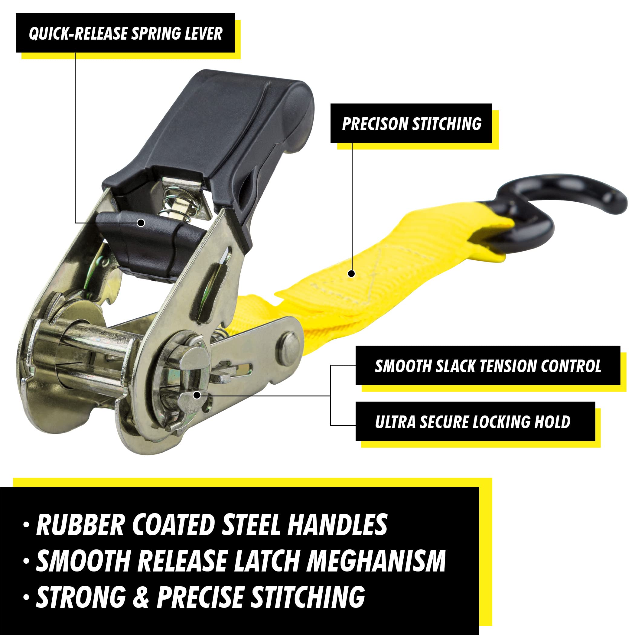 Cartman Ratchet Tie Down, 4Pk 15Ft, 500Lbs Load Cap/ 1500Lbs Break Strength, Cargo Straps For Moving Appliances, Lawn Equipment,