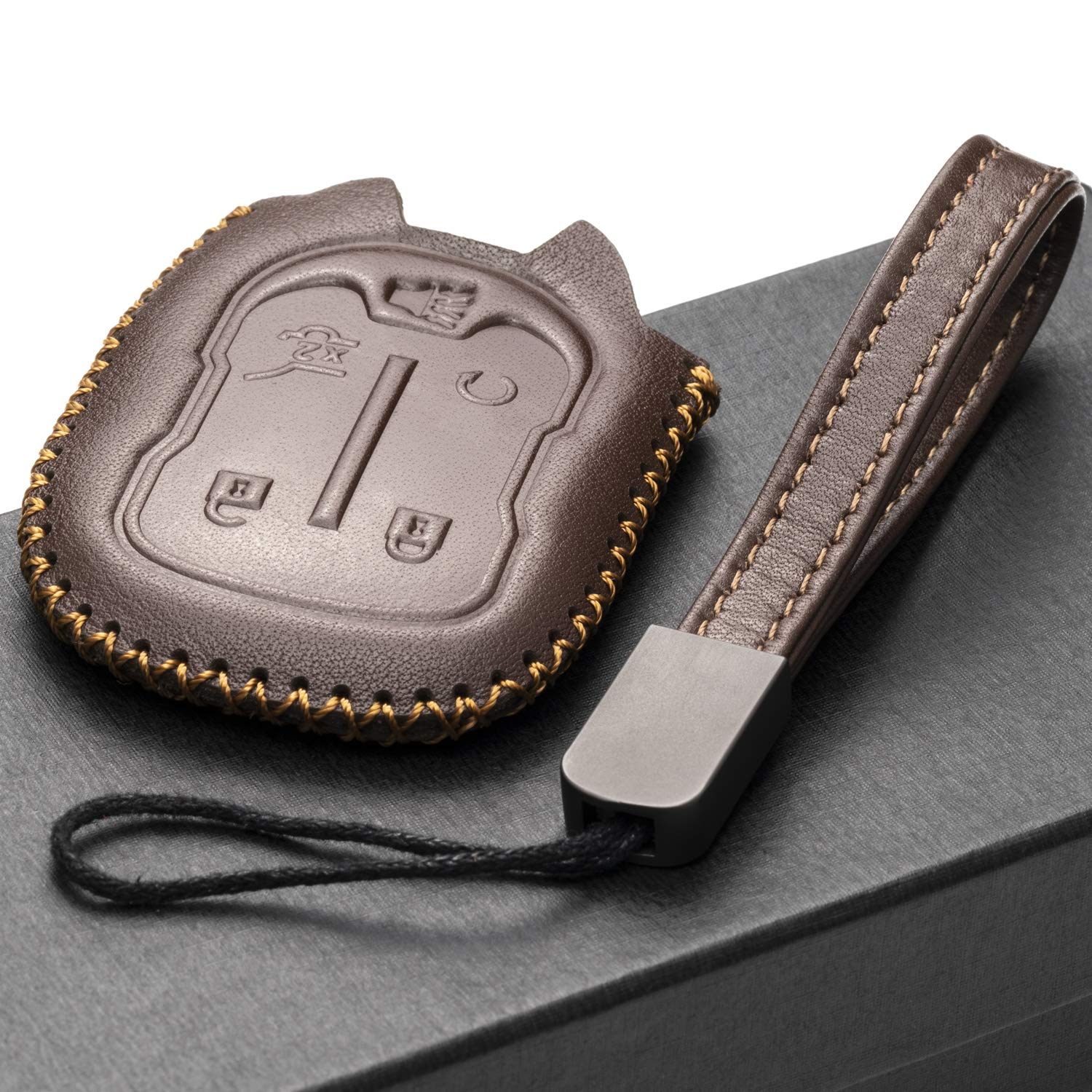 Vitodeco Genuine Leather Smart Key Fob Case with Leather Strap Compatible for GMC Acadia, GMC Terrain 2017 - 2023 (5-Button, Brown)