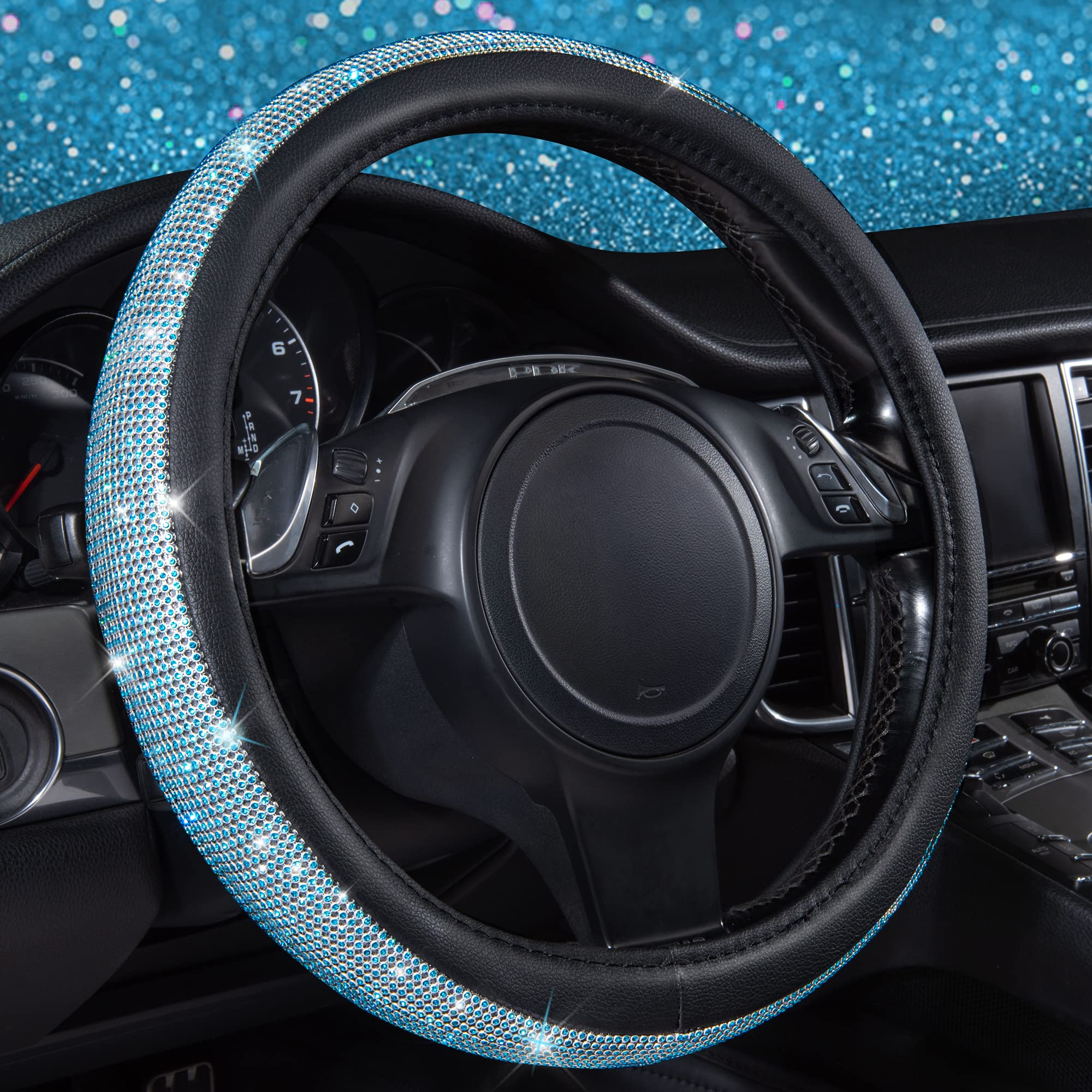 Car Pass Mint Diamond Black Leather Steering Wheel Cover, Bling Blue Crystal Rhinestones Universal Fit 14''1/2-15'' Crystal Glit