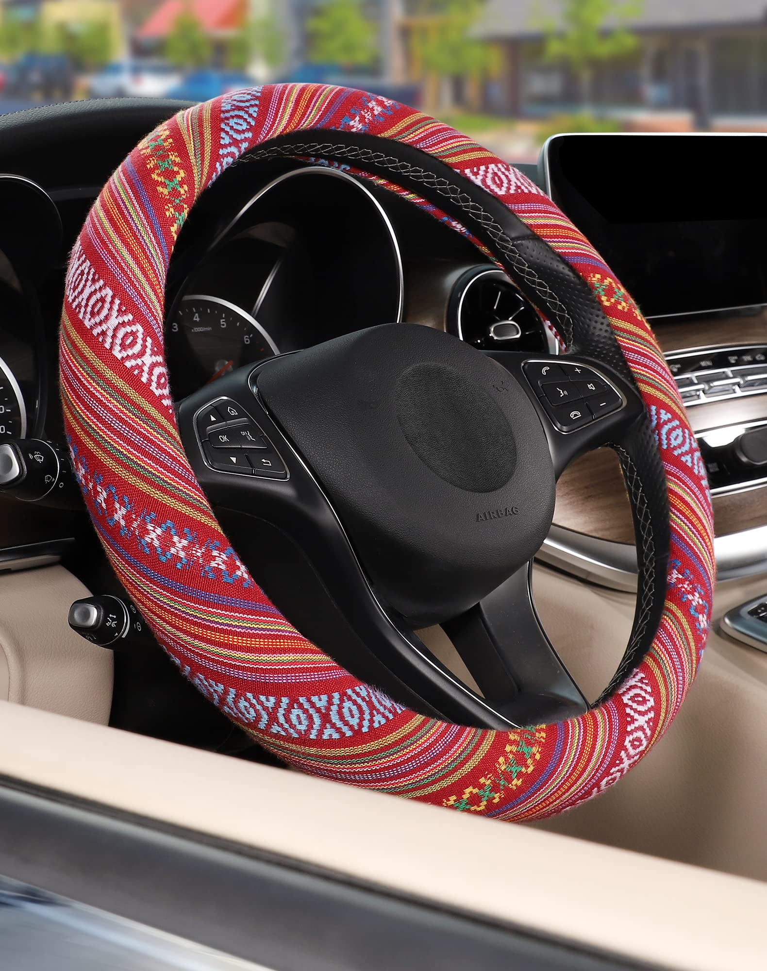 Seg Direct Boho Steering Wheel Cover With Baja Blanket Cloth, Ethnic Style Auto Wheel Cover Made Of Coarse Flax, Fits 14 1/2-15