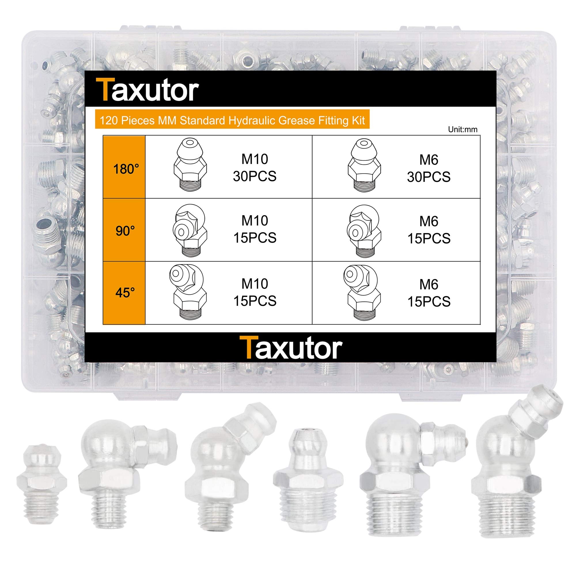 Taxutor Grease Fittings, 120 Pieces Metric Mm Grease Fitting Assortment Kit Standard Grease Gun Fittings Perfect For Replacing M