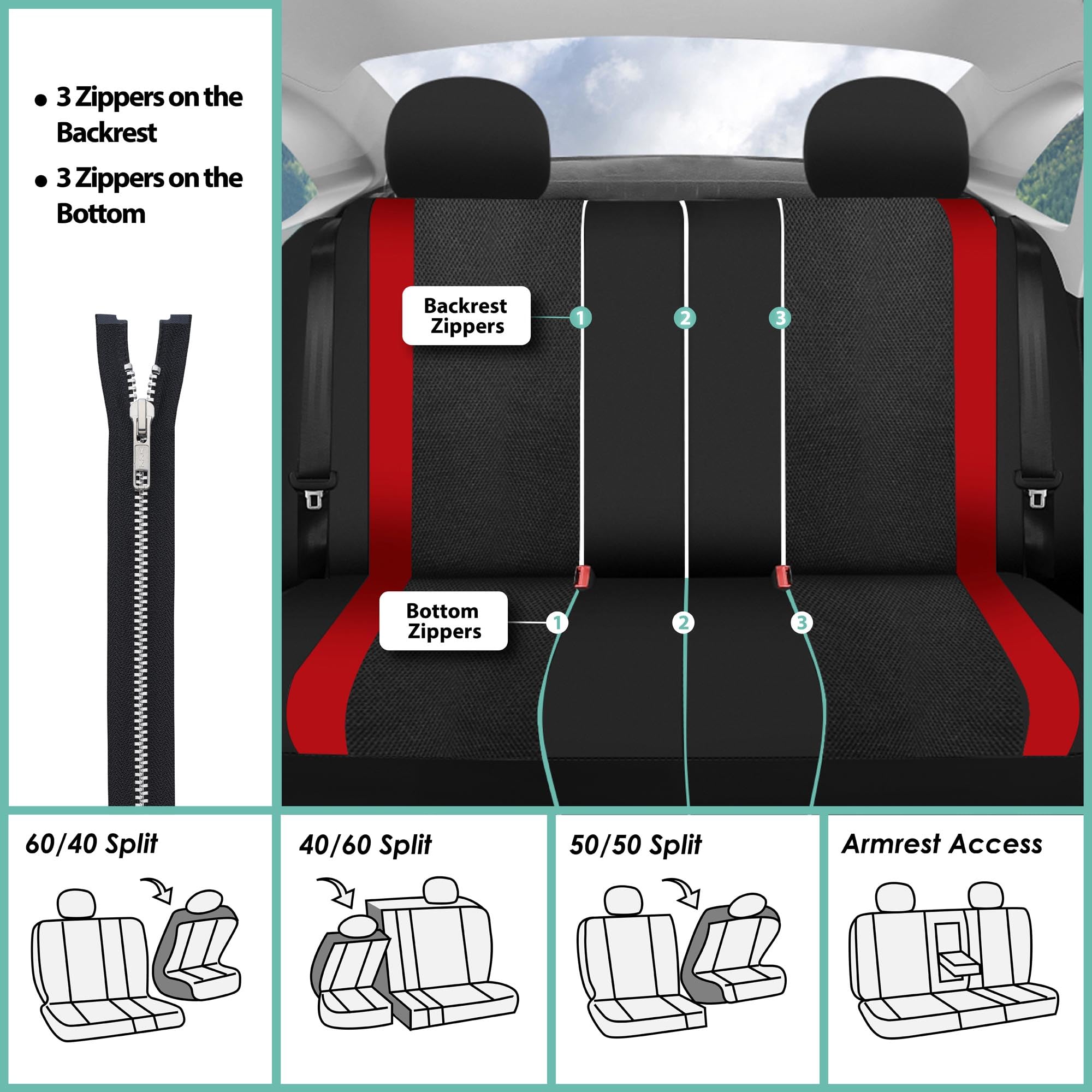 Fh Group Automotive Seat Cover Universal Fit Rear Seat Cover Sports Red Seat Cover For Back Seat Split Bench Car Seat Protector
