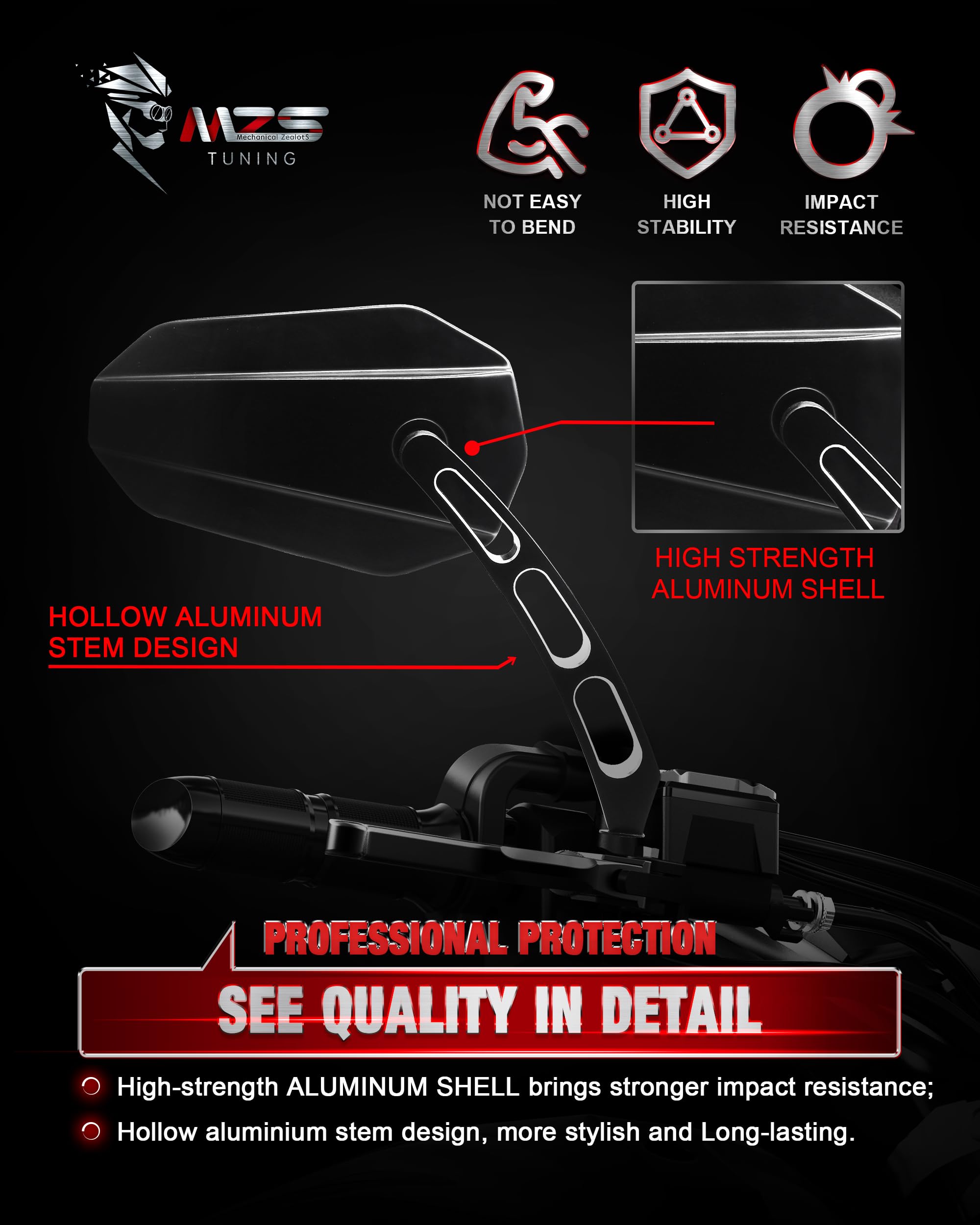 MZS Motorcycle Mirrors - Black Aluminum M8 Rear View Mirror for Sportster, Road King, Street Glide, Electra, Dyna, Softail, Ultra, Vrod