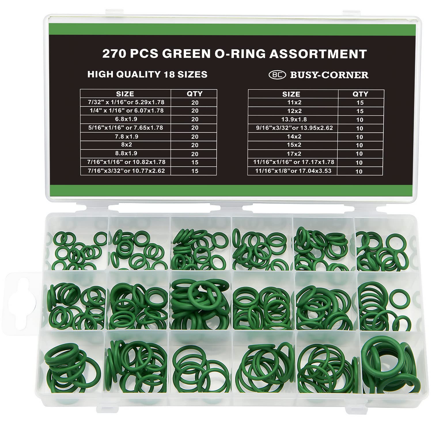 Busy-Corner Orings Kit 270 Pieces 18 Sizes Sae Inch Car Air Conditioning A/C O Ring Seals Rubber O-Rings Green