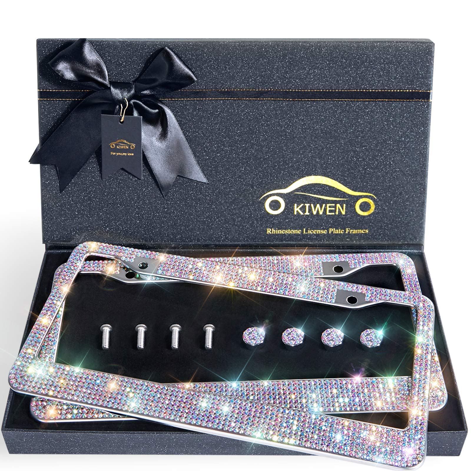 Bling License Plate Frames With High End Ribbon Gift Box,2 Pack Rhinestone License Plate Frame,Handcrafted Crystal Premium Stain