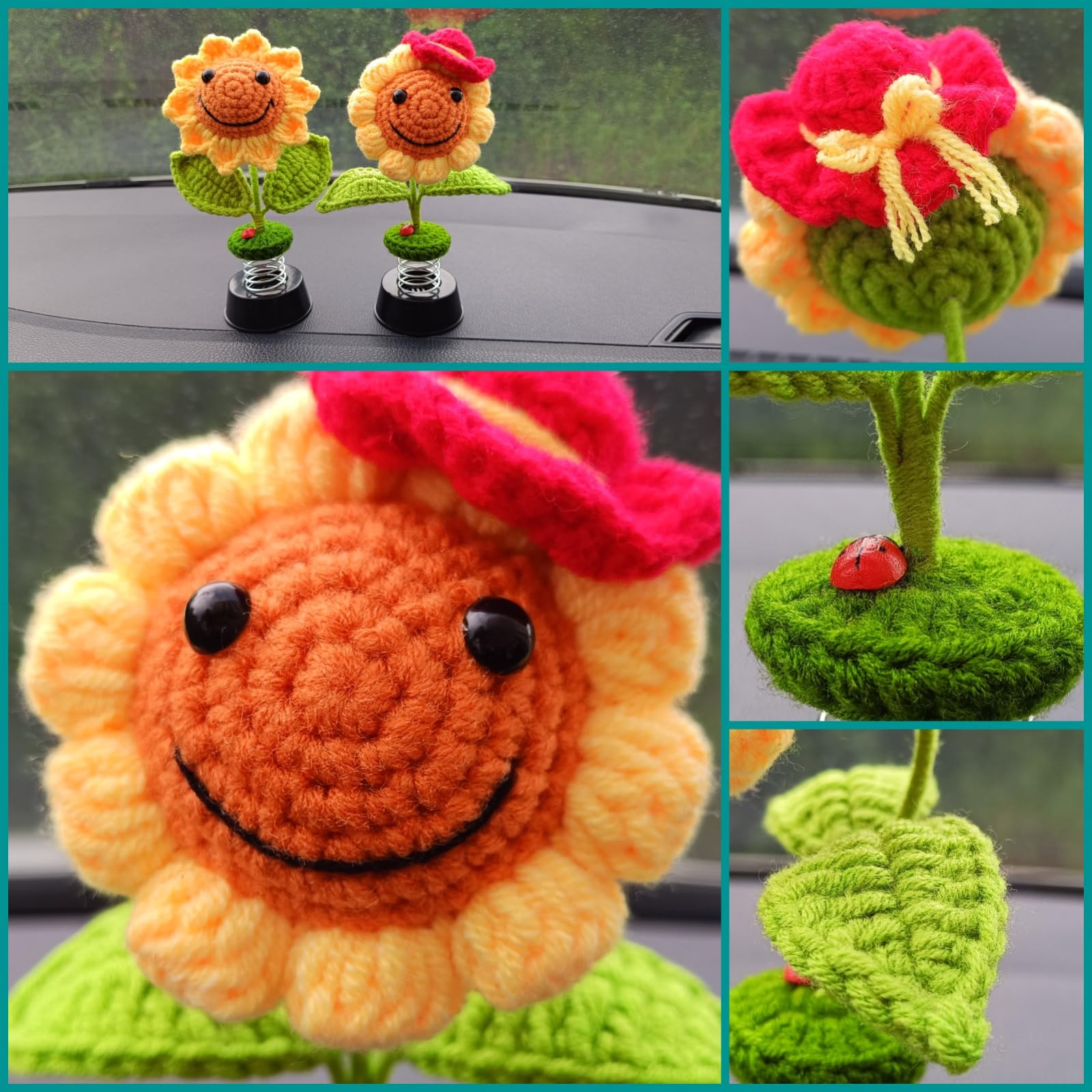 Levvohd Handmade Crochet Sunflower Car Dashboard Decorations Gifts For Women, Cute Sun Flower Hippie Car Bobblehead Dashboard De