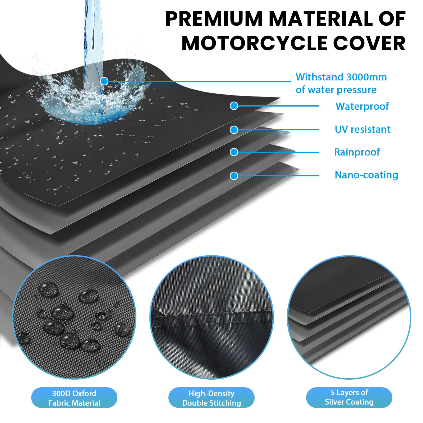 Motorbike Cover Waterproof Outdoor, Motorcycle Scooter Moped Cover Sun Rain Dust Protection with 4 Reflective Strips and 2 Windp