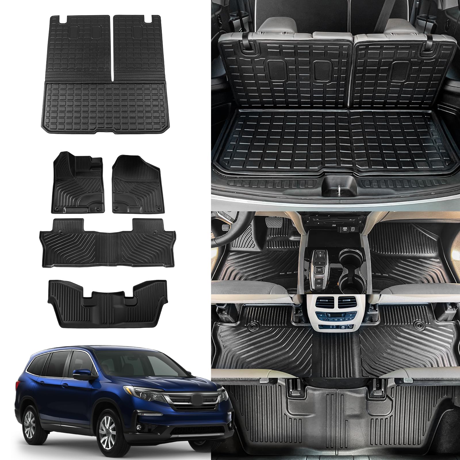 Rongtaod Floor Mats Compatible with 2016-2022 Honda Pilot 7 Seats Trunk Mat Cargo Mat Cargo Liner Back Seat Cover Protector (No 