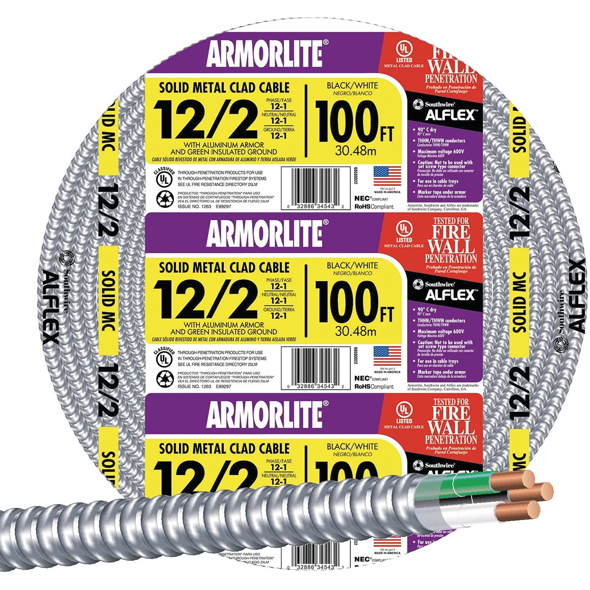 Flexible Conduit, Aluminum Metal Clad, 12/2, 100-Ft.